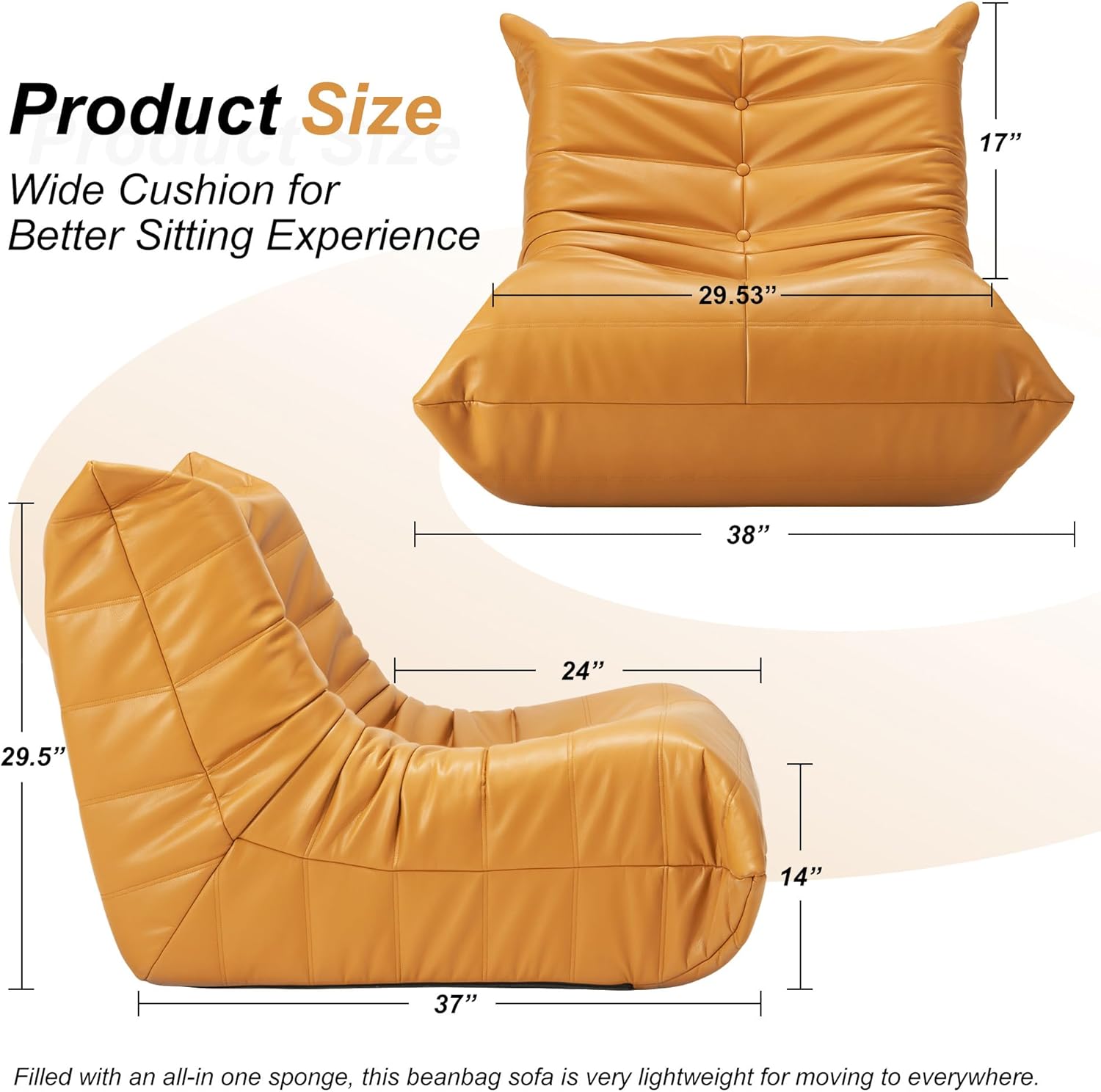 Hobestluk Giant Bean Bag Chair Memory Foam Faux Leather Floor Sofa for Adults