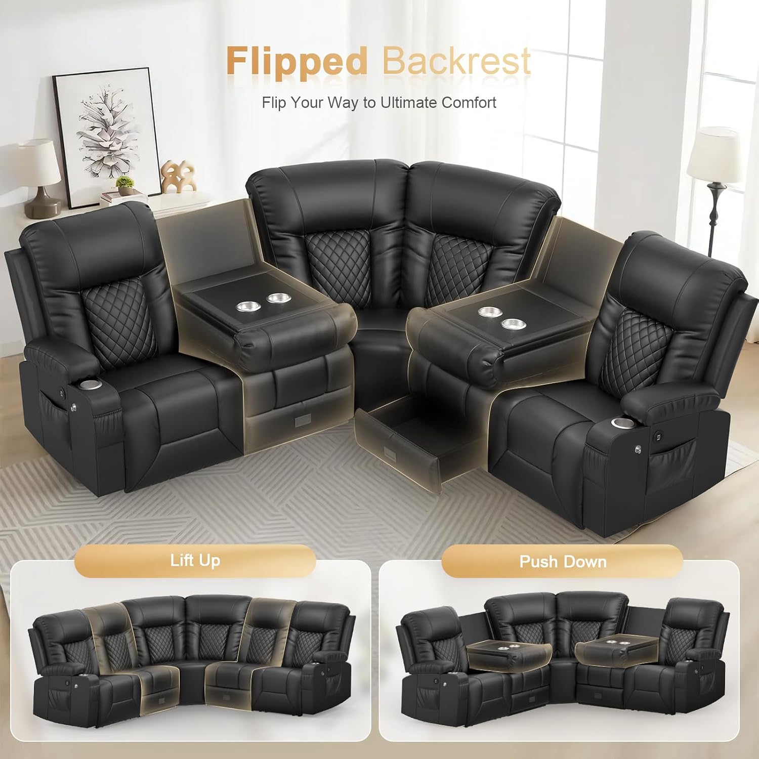 FURNIMAT Loveseat Recliner Sofa 2 Seater PU Leather Couch with USB Cup Holders