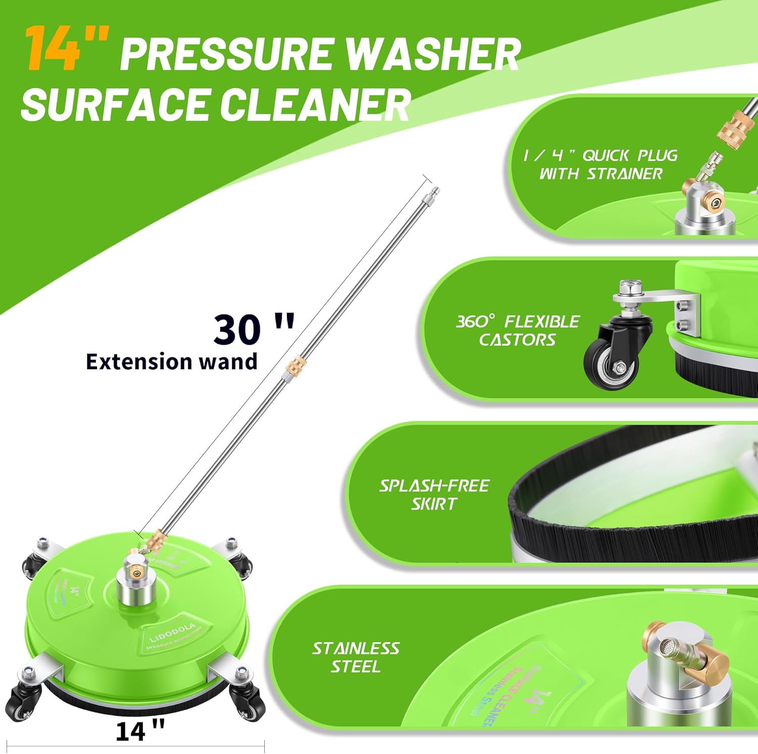 LidoDola 14 Inch Pressure Washer Surface Cleaner with Wheels for Concrete Patio Deck