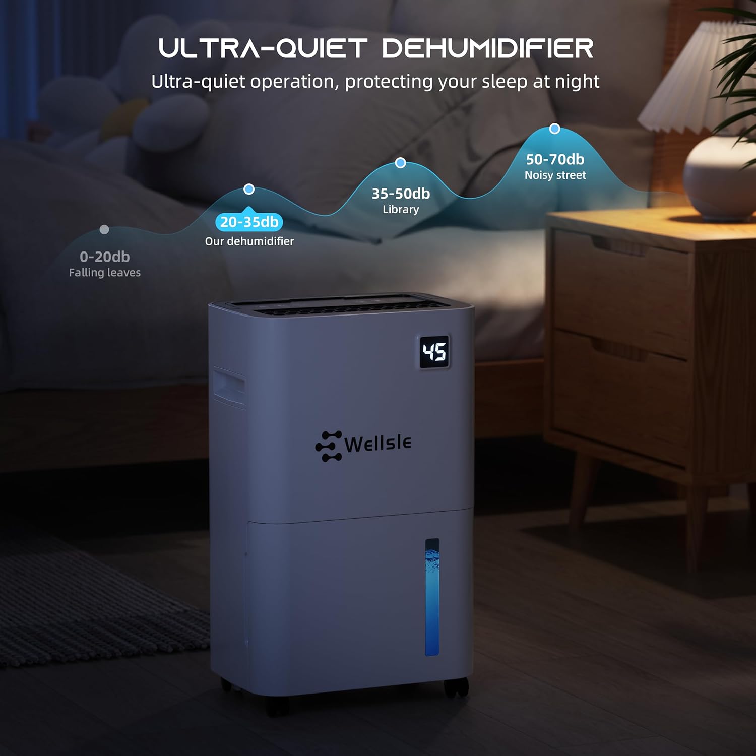 Wellsle 50 Pint Dehumidifier for Home Basement Bedroom Quiet Smart Auto Drain Hose