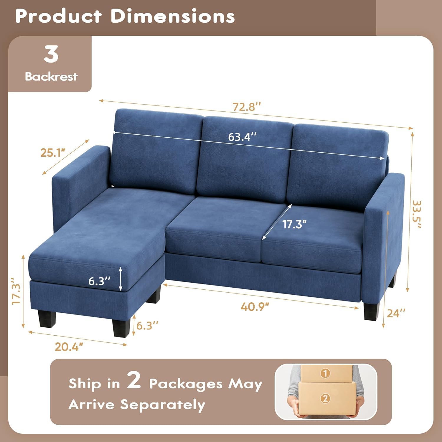 VICTONE Convertible L Shaped Sectional Sofa Couch 3 Seat with Ottoman