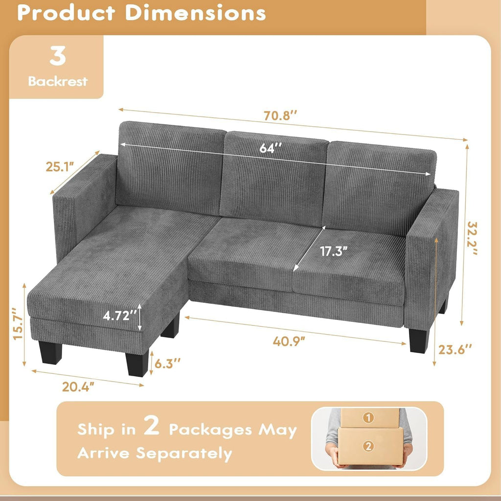 VICTONE Convertible L Shaped Sectional Sofa Couch 3 Seat with Ottoman