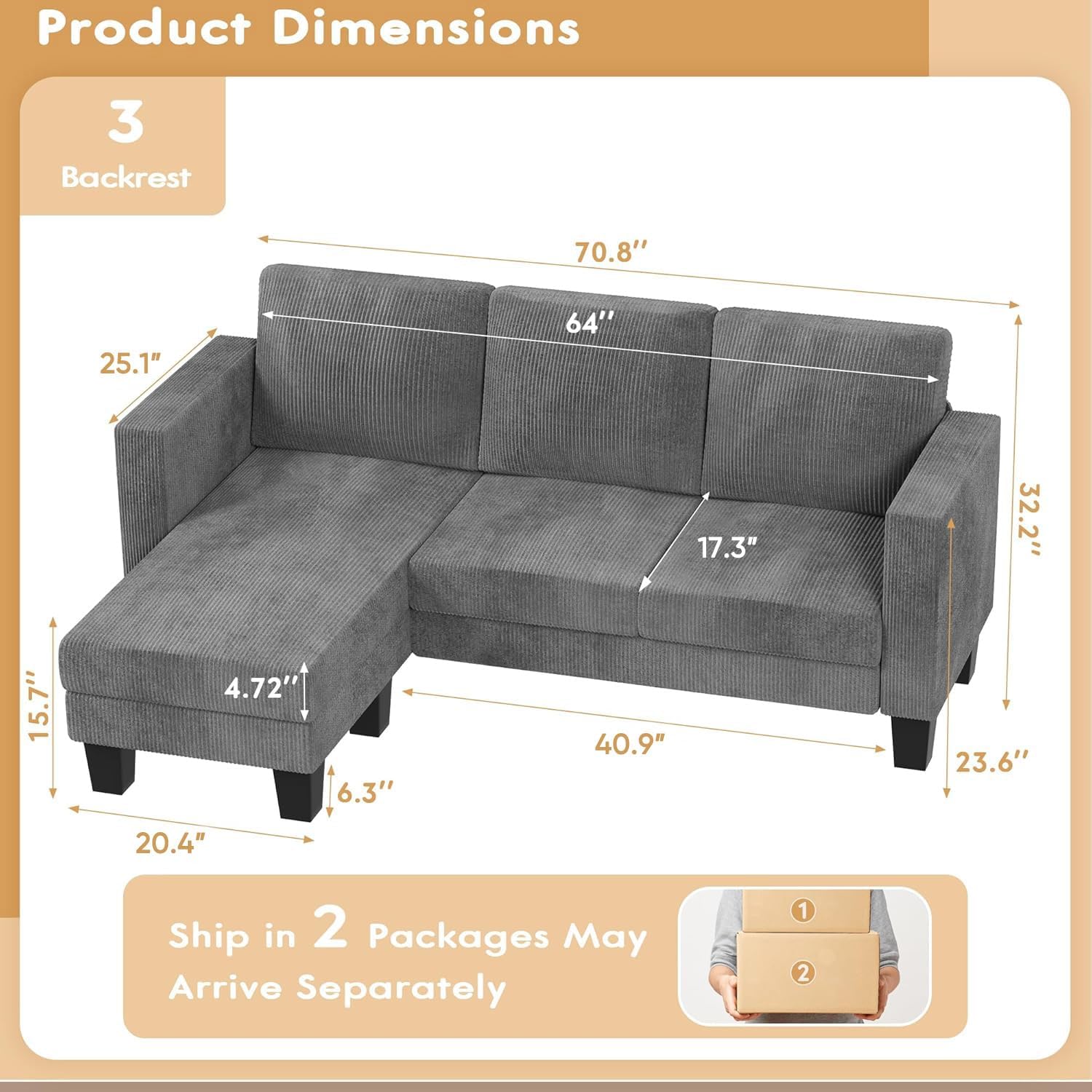VICTONE Convertible L Shaped Sectional Sofa Couch 3 Seat with Ottoman