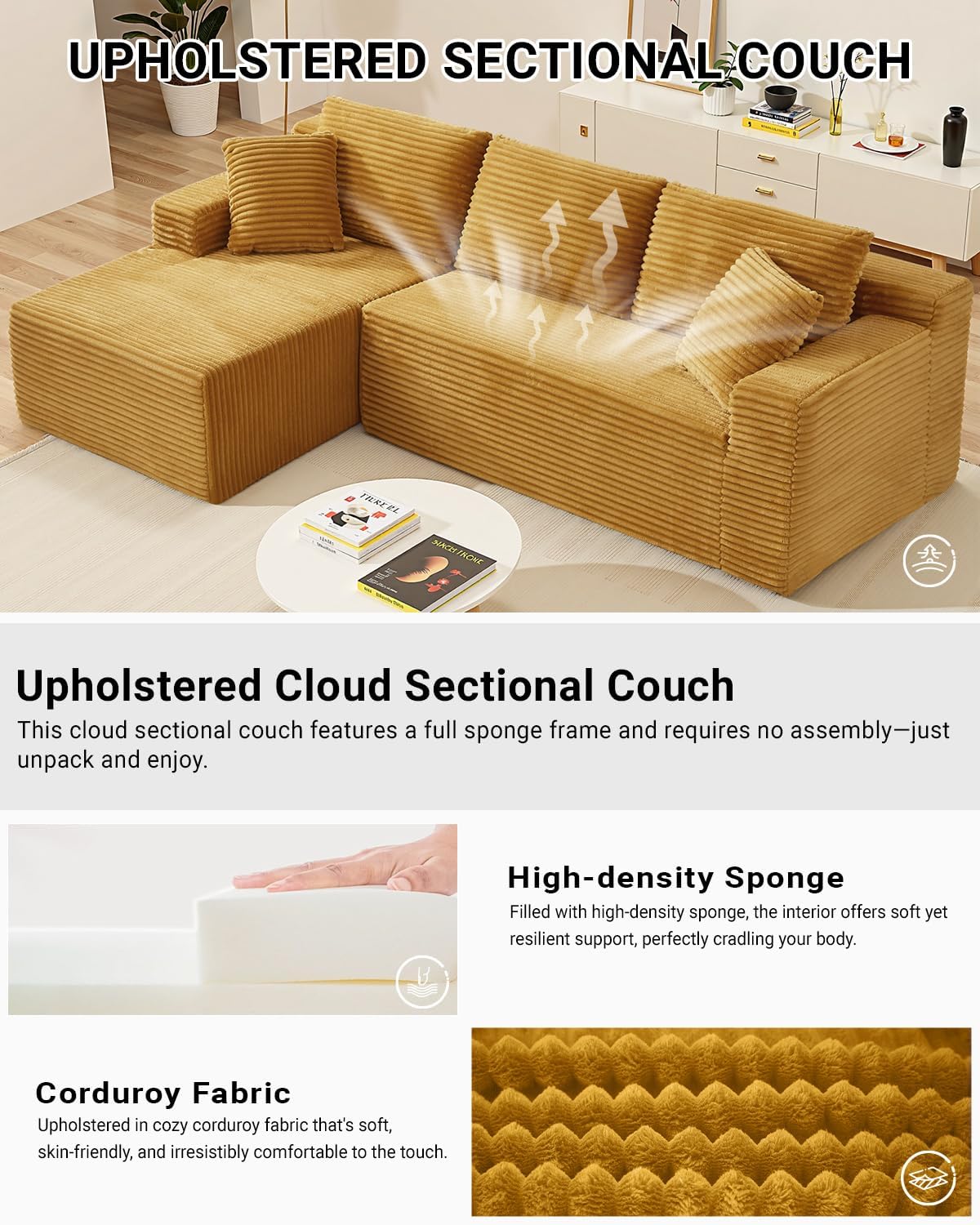 HANXIN Cloud Sectional Sofa L Shape Chaise Deep Seat Modular Living Room Couch