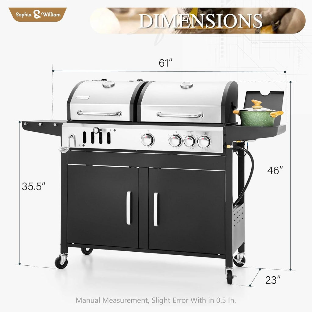 Sophia & William Charcoal and Gas Grill Combo with Side Burner Dual Fuel BBQ Grill