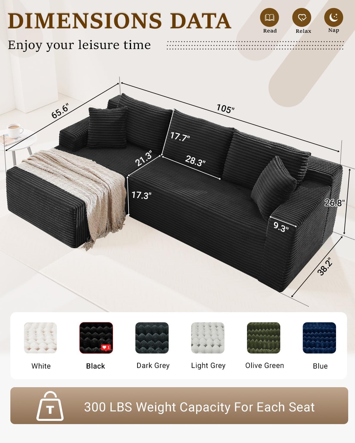 HANXIN Cloud Sectional Sofa L Shape Chaise Deep Seat Modular Living Room Couch