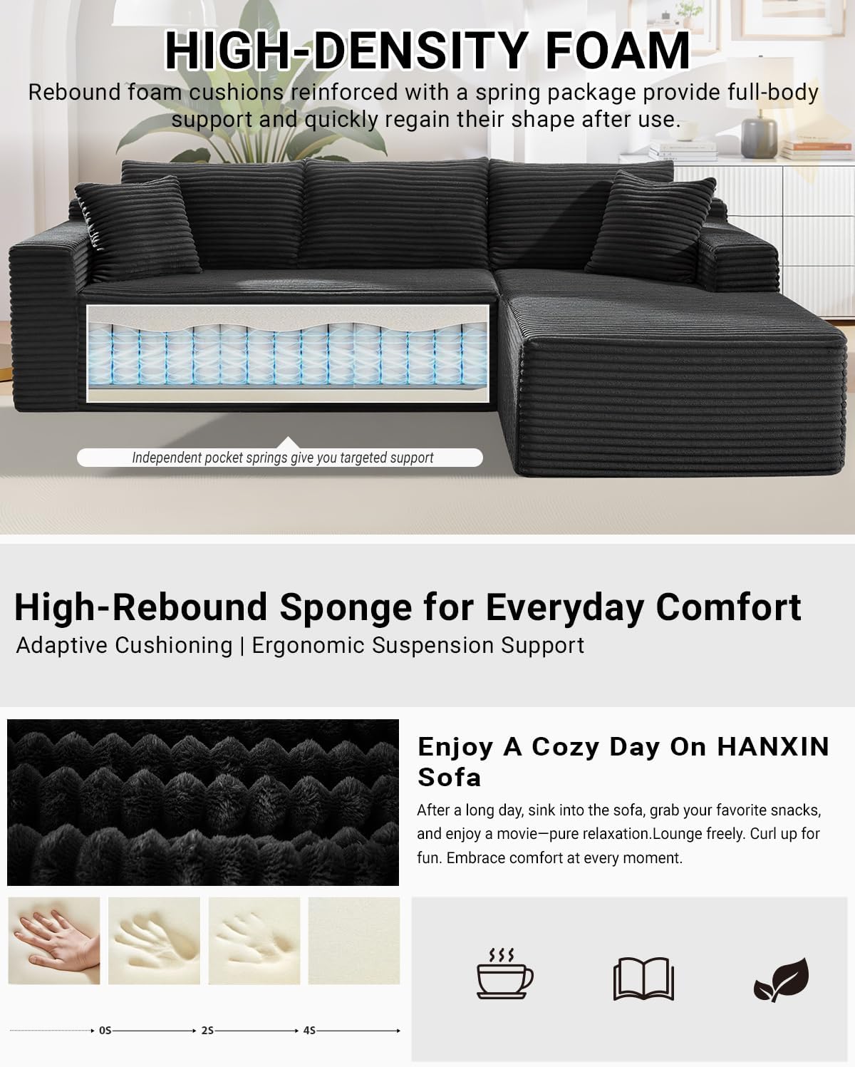 HANXIN Cloud Sectional Sofa L Shape Chaise Deep Seat Modular Living Room Couch
