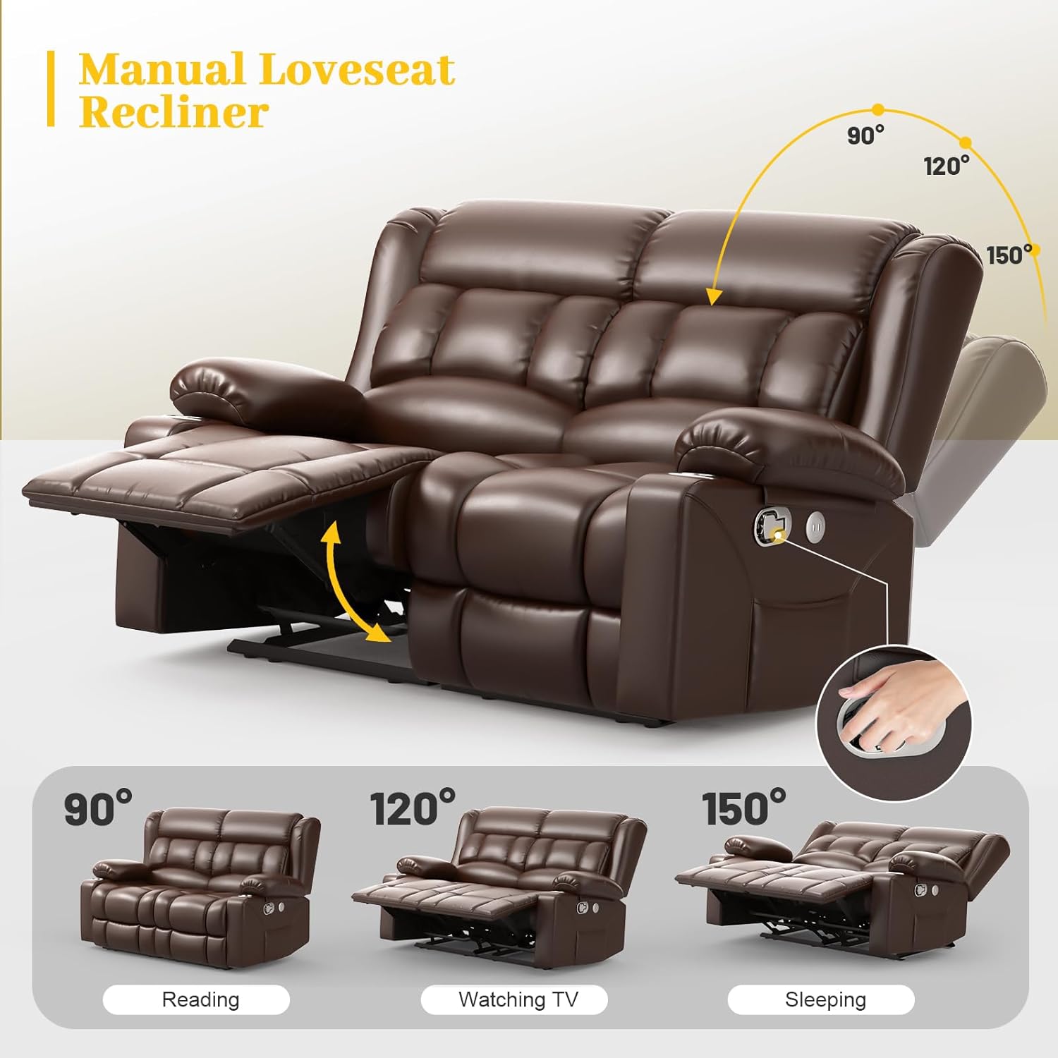 FURNIMAT Loveseat Recliner Sofa 2 Seater PU Leather Couch with USB Cup Holders