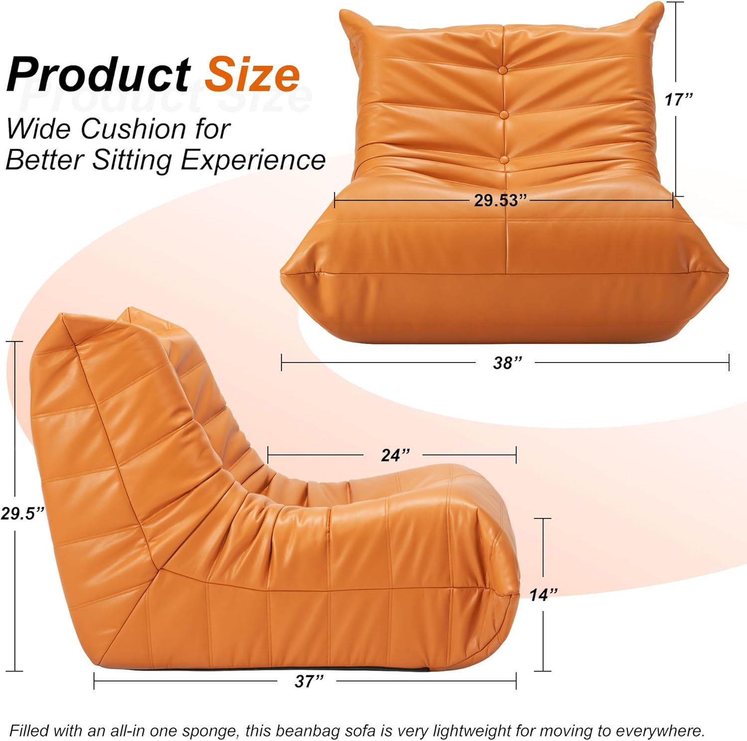 Hobestluk Giant Bean Bag Chair Memory Foam Faux Leather Floor Sofa for Adults