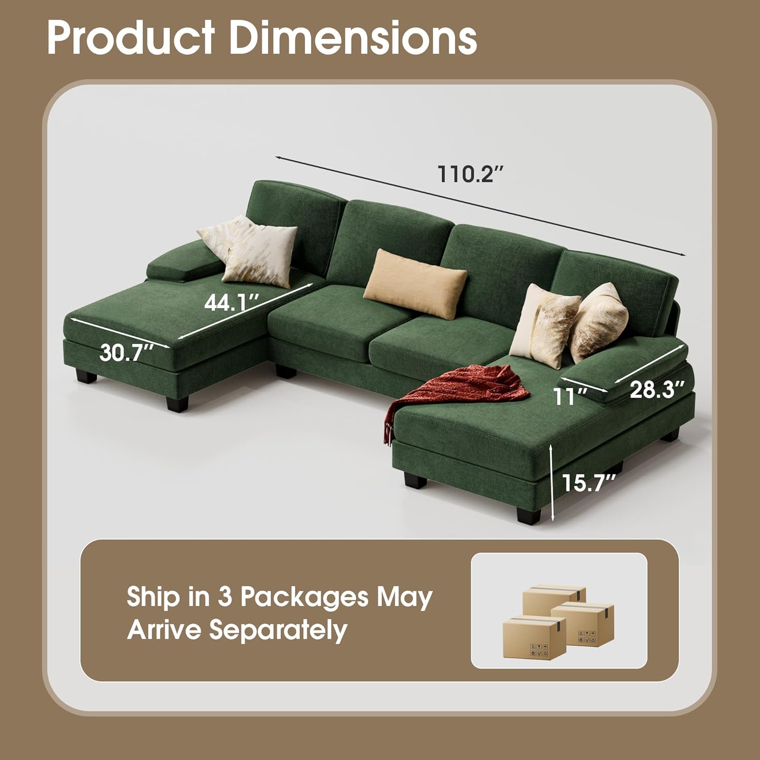 Furmax U-Shaped Sectional Sofa Couch 4 Seat Linen Fabric Double Chaise