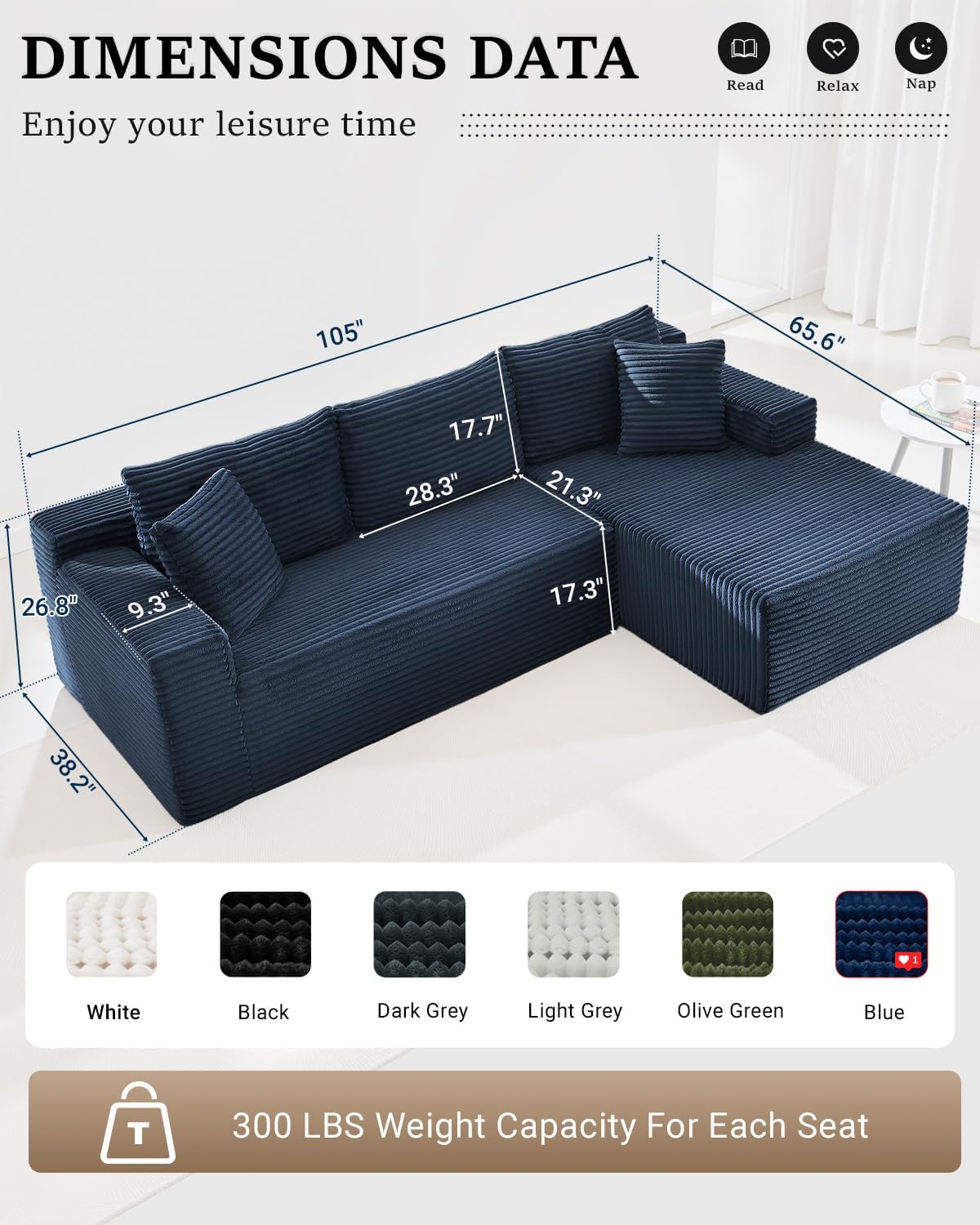 HANXIN Cloud Sectional Sofa L Shape Chaise Deep Seat Modular Living Room Couch