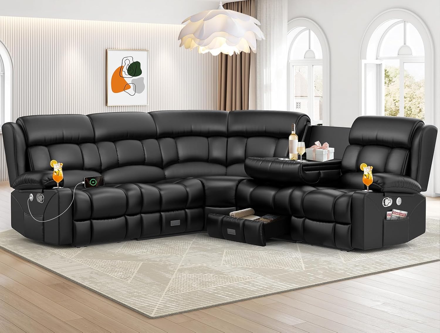 Dresegmt Loveseat Recliner Sofa 3 Seat Flip Backrest with Storage USB Cup Holders