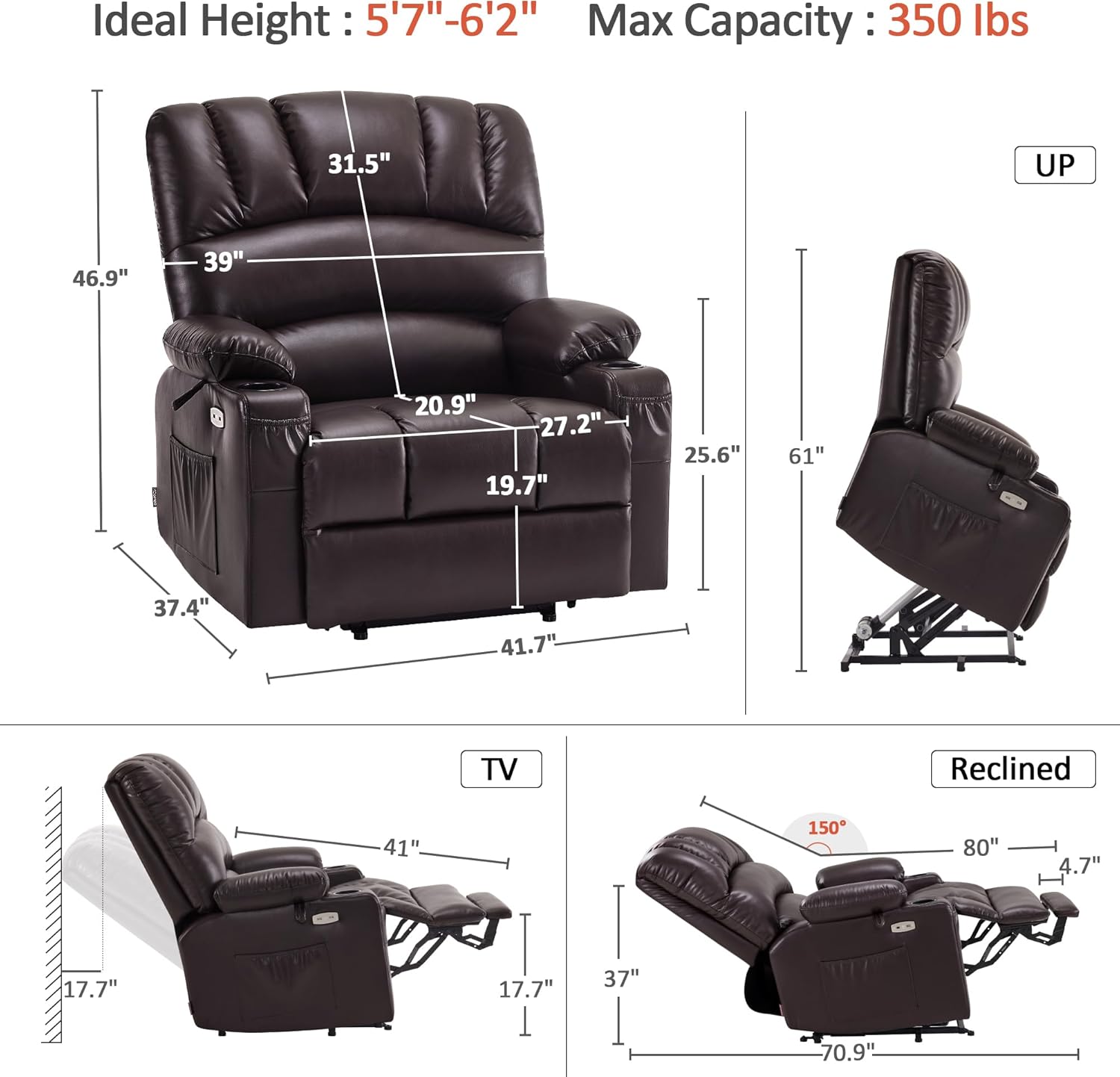 MCombo Power Lift Recliner Chair for Elderly with Heat Massage USB Cup Holders