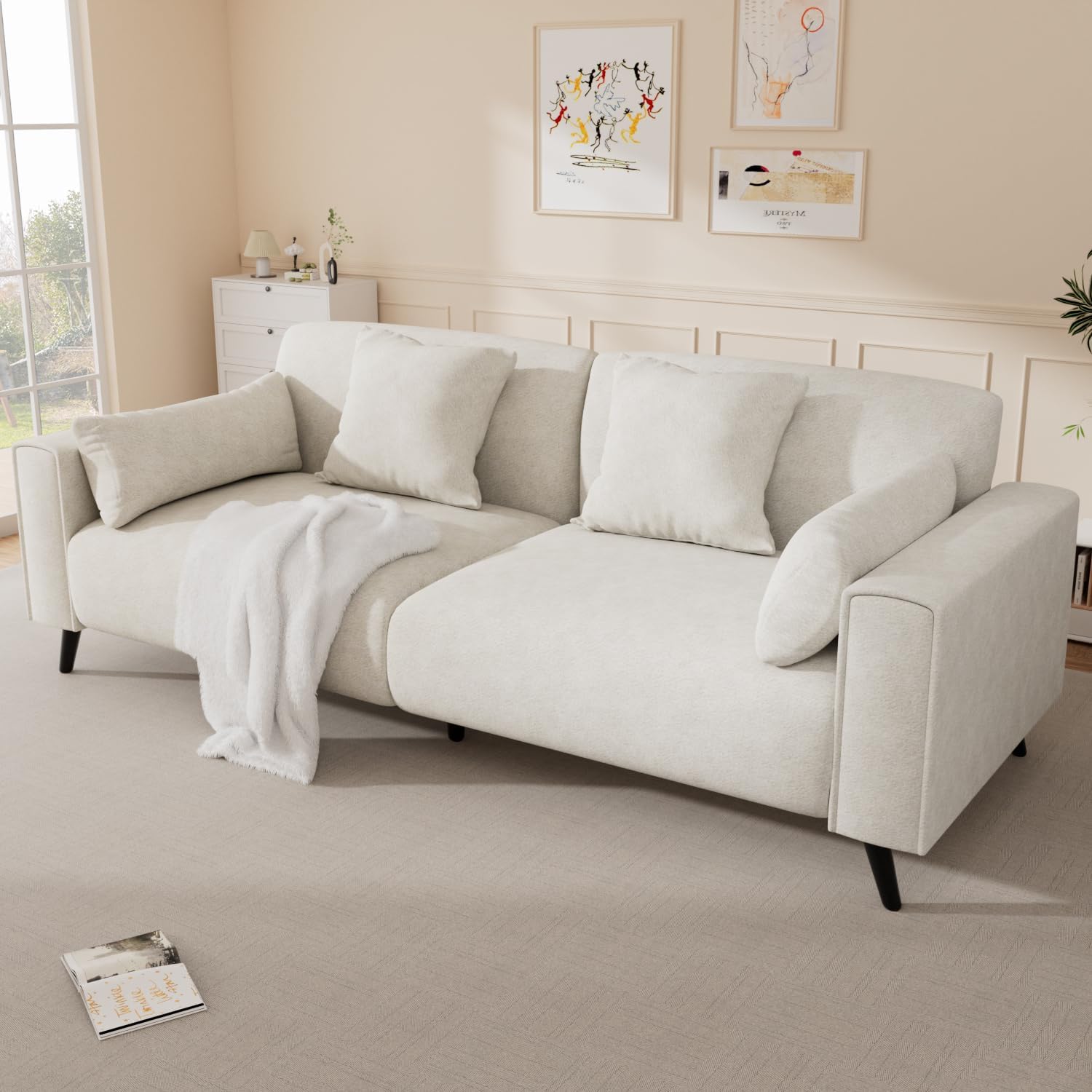 VOHOBY 82 Inch Modern Sofa Couch for Living Room with Pillows White