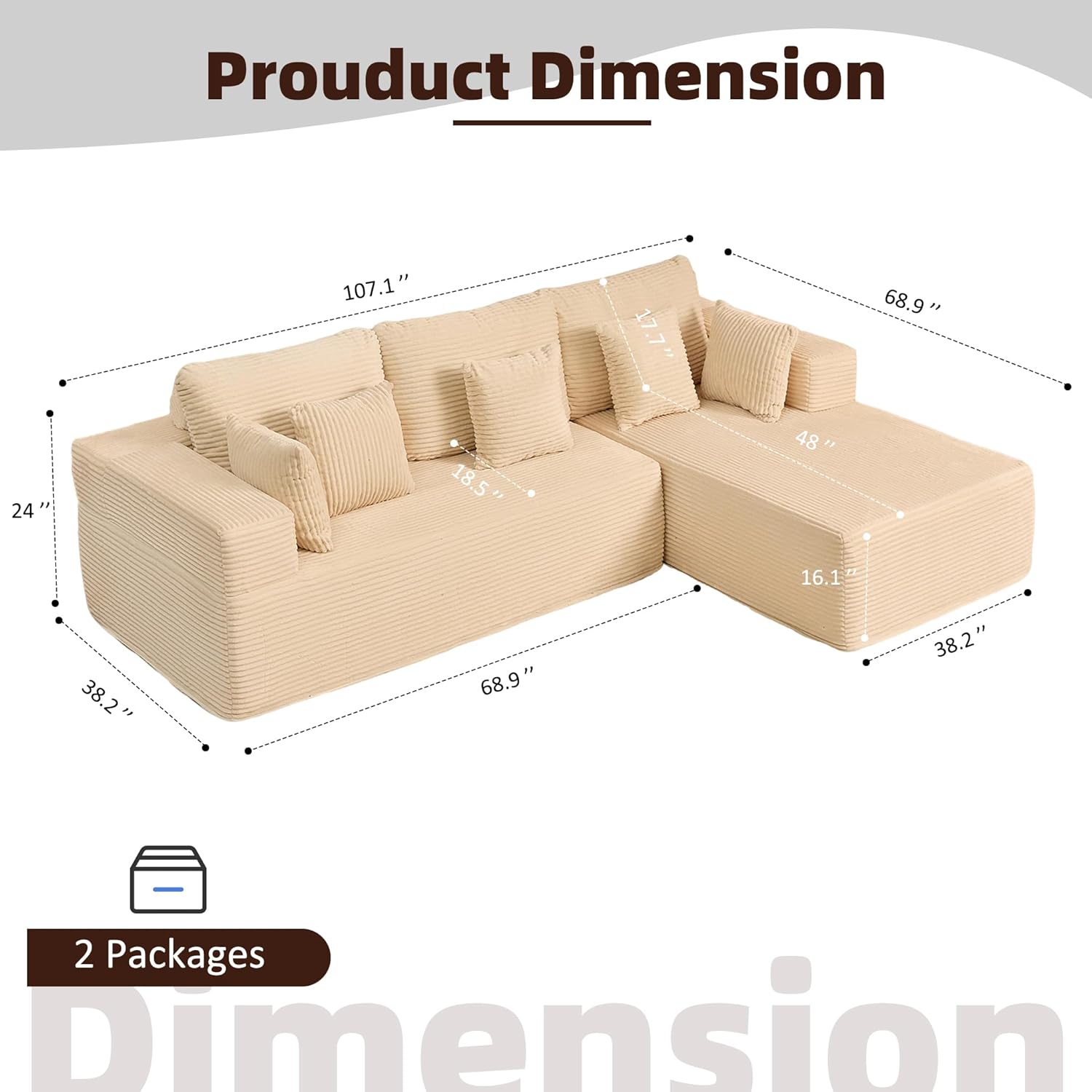 Afuson Boneless Sectional Sofa L Shape Deep Seat Cloud Couch Living Room