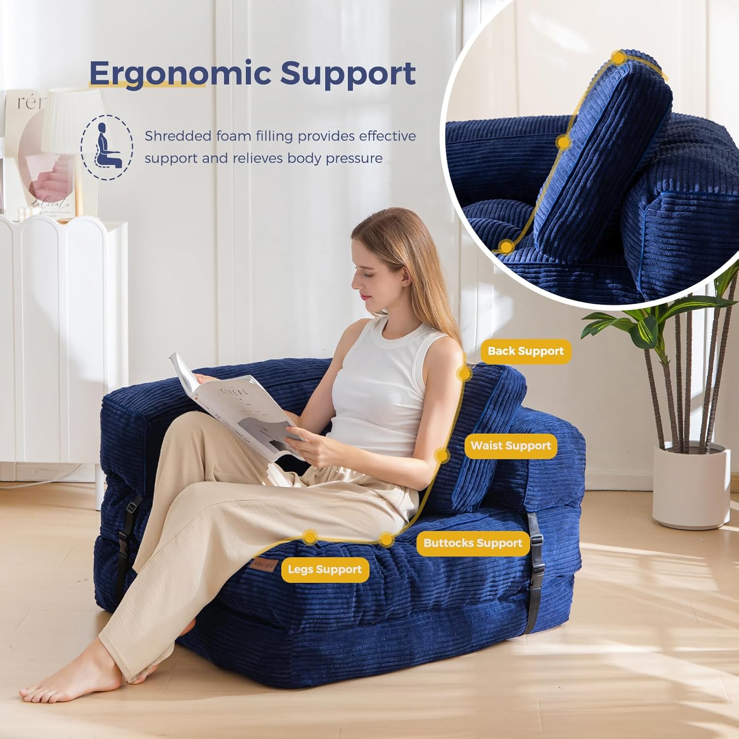 MAXYOYO L Shaped Folding Sofa Bed Convertible Sleeper with Pillow Armrest