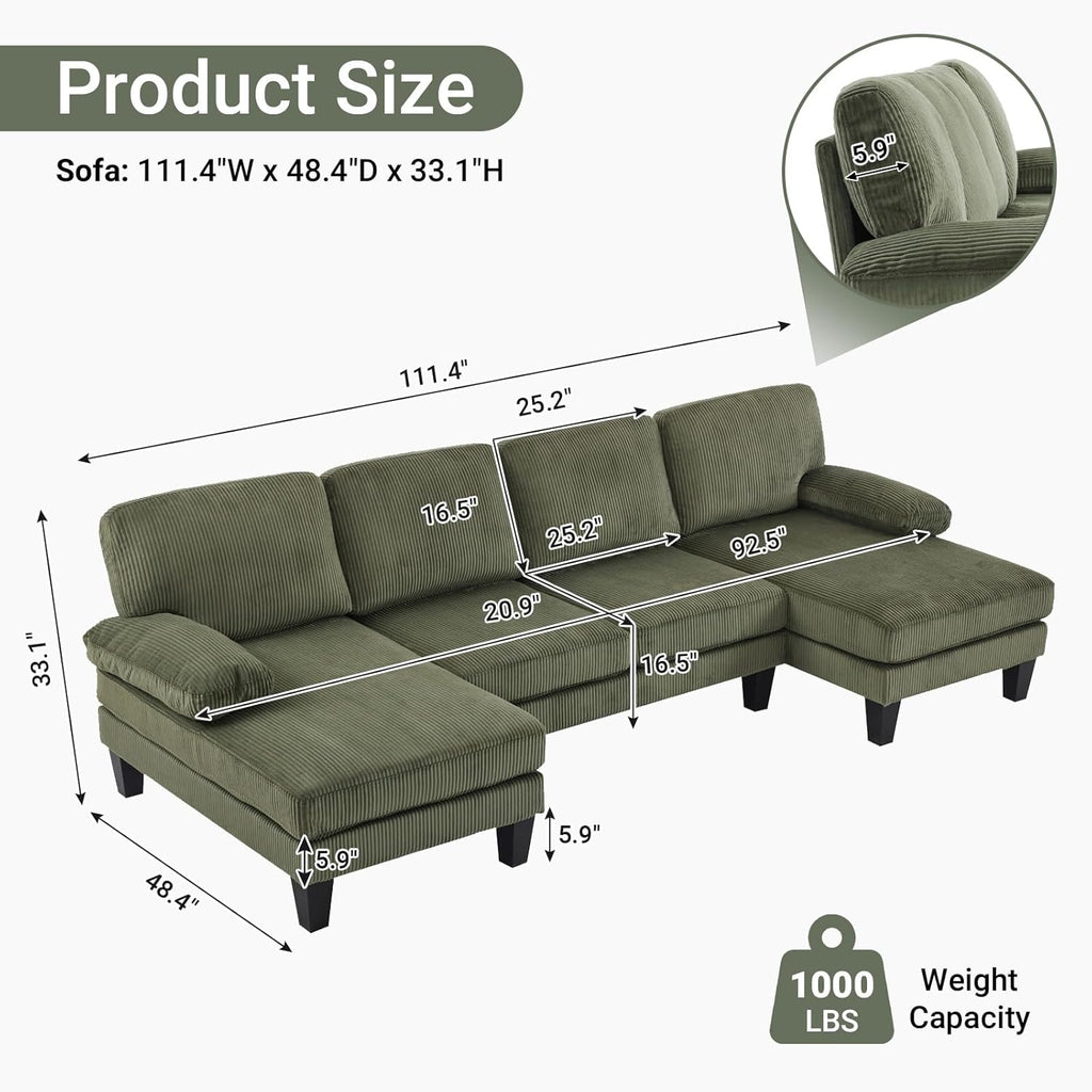 VINGLI 110 Sectional Couch U Shaped Sofa Set with Double Chaise Chenille Fabric