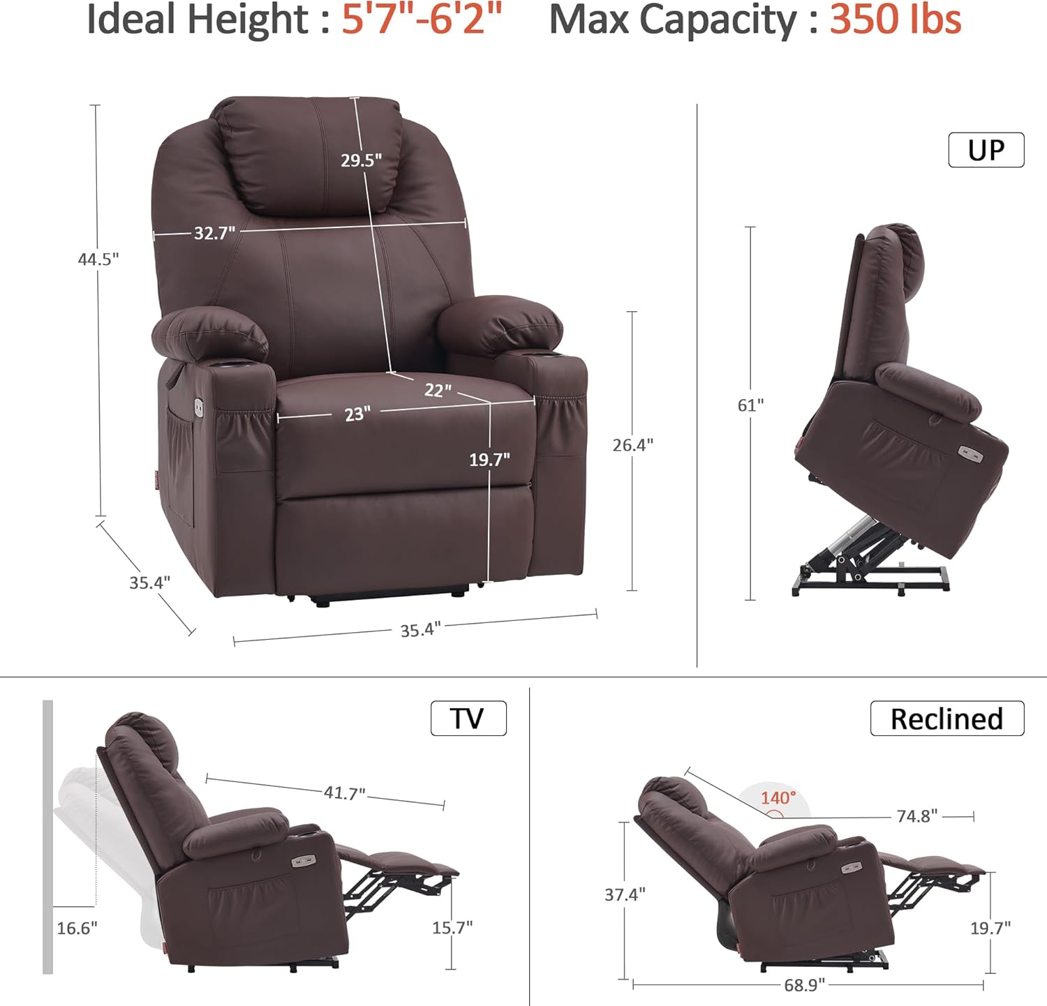 MCombo Electric Power Lift Recliner Massage Heat Chair for Elderly 3 Positions 2 Pockets USB