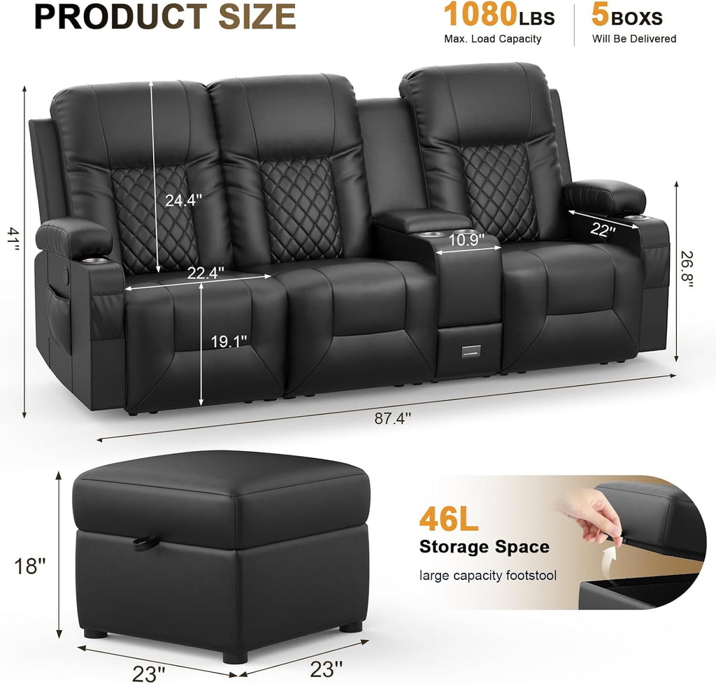 YONISEE 3 Seat Recliner Sofa Large Manual Reclining Couch with Storage Console