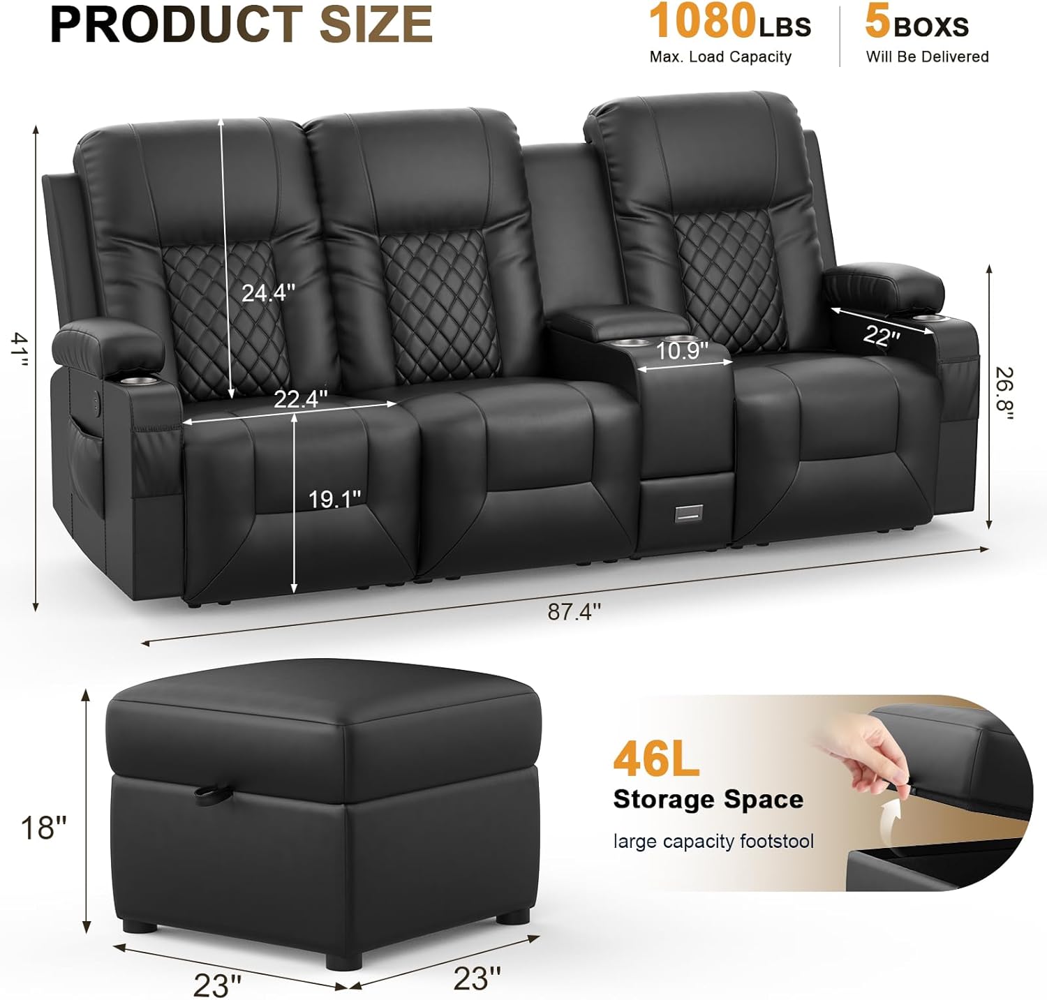 YONISEE 3 Seat Recliner Sofa Large Manual Reclining Couch with Storage Console