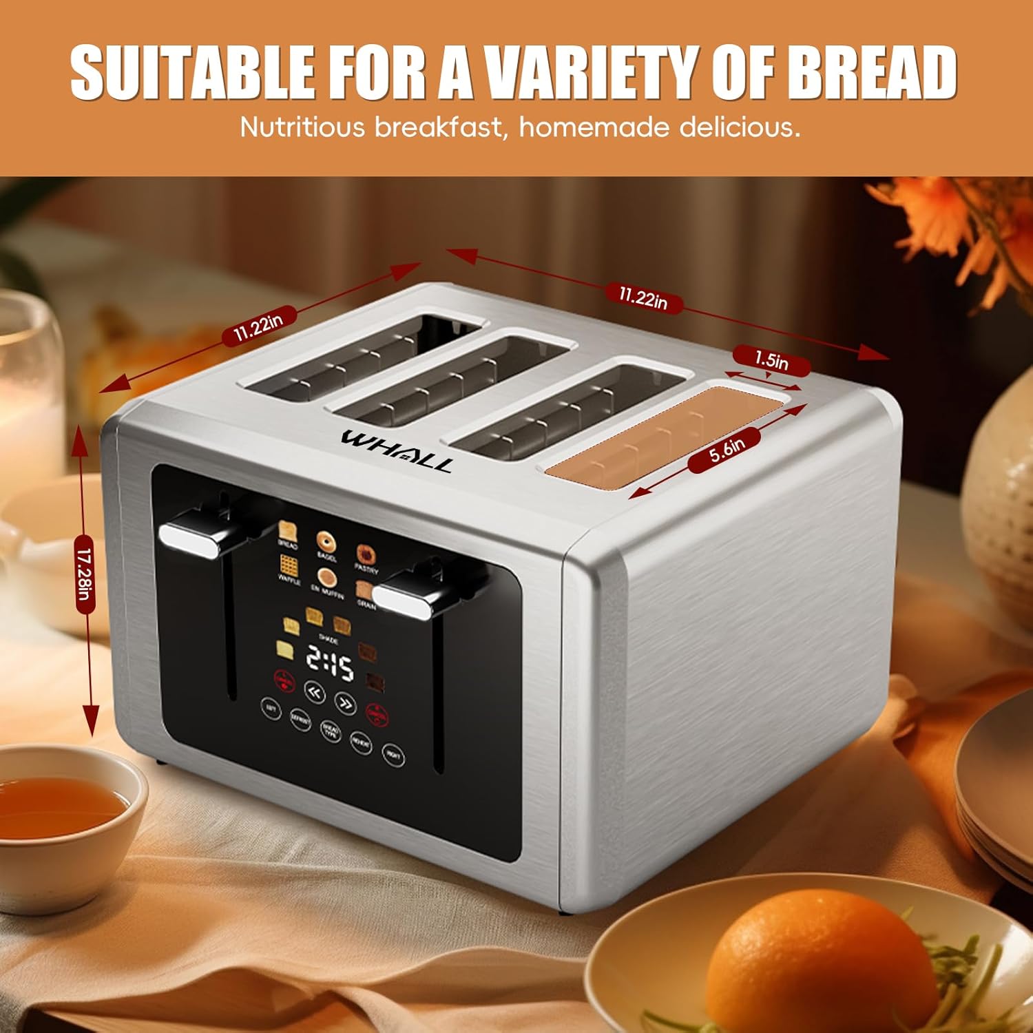 whall Digital Touch Screen Toaster 4 Slice Stainless Steel Dual Control Wide Slots