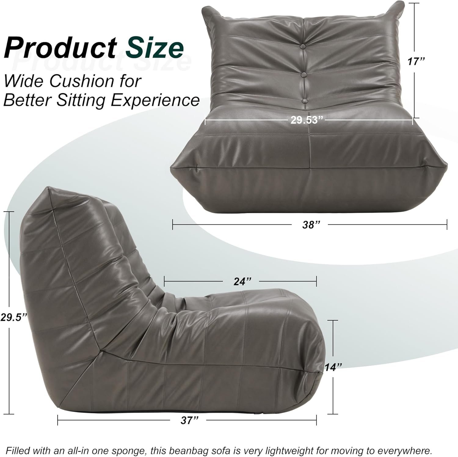 Hobestluk Giant Bean Bag Chair Memory Foam Faux Leather Floor Sofa for Adults