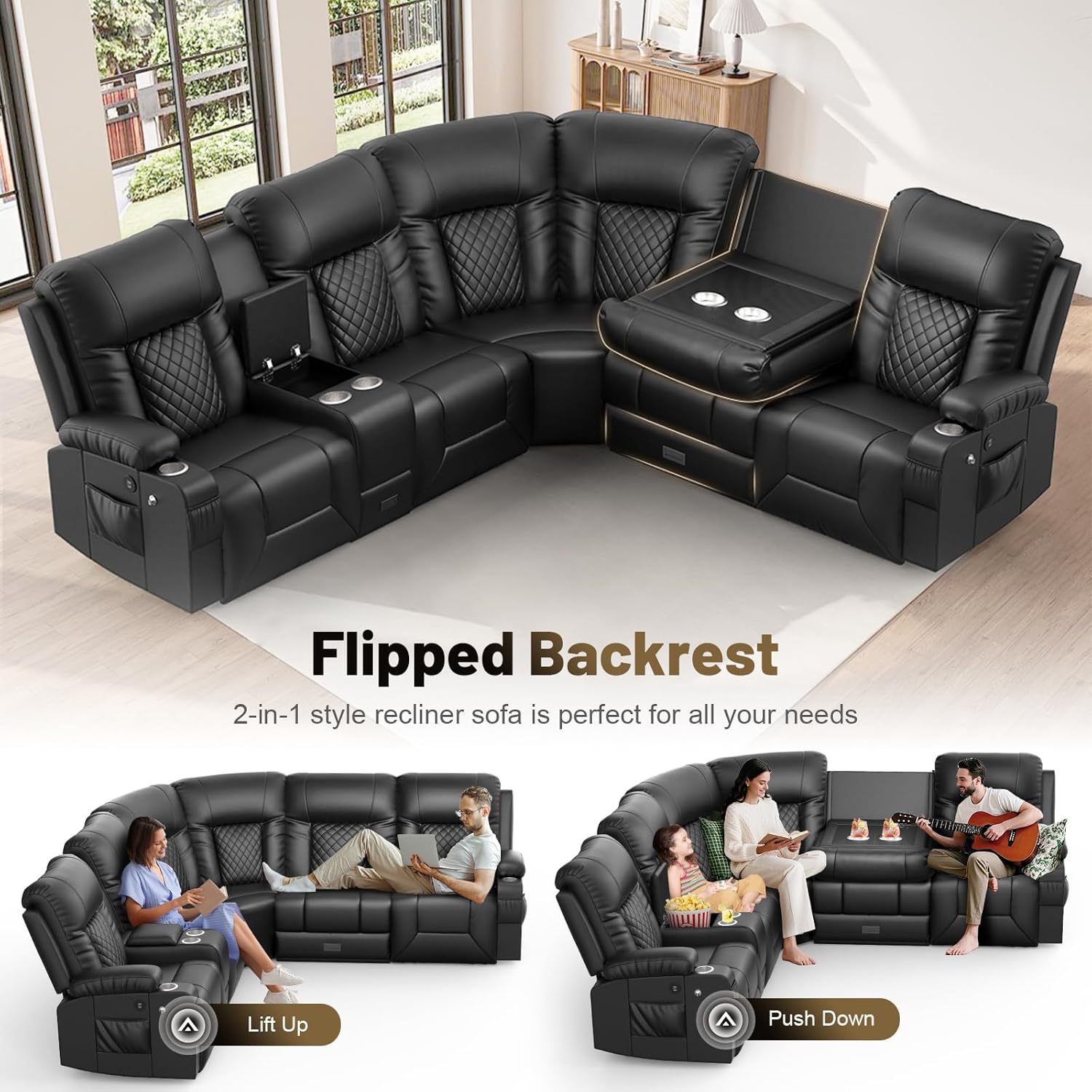 YONISEE 3 Seat Recliner Sofa Large Manual Reclining Couch with Storage Console