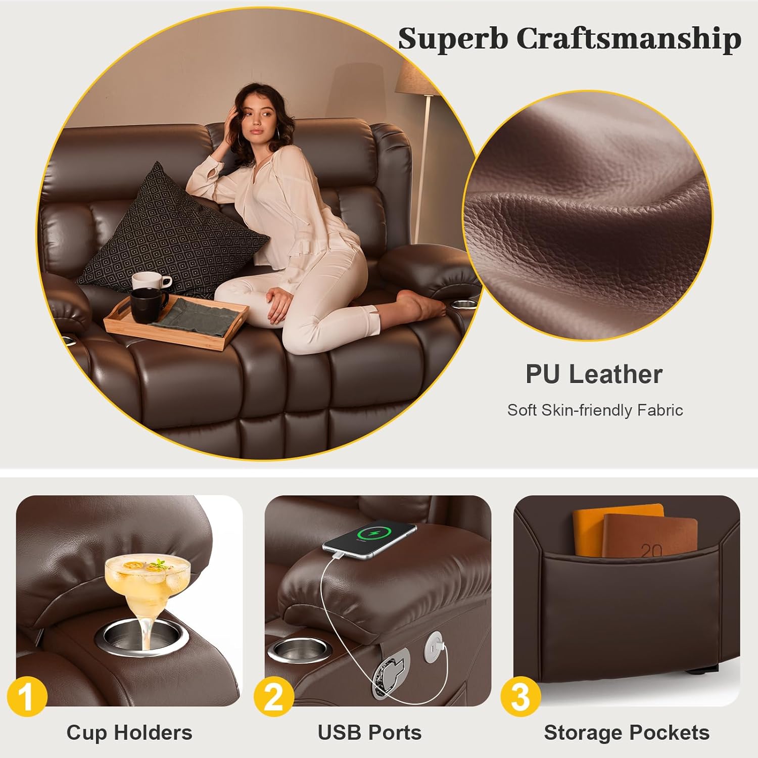 FURNIMAT Loveseat Recliner Sofa 2 Seater PU Leather Couch with USB Cup Holders