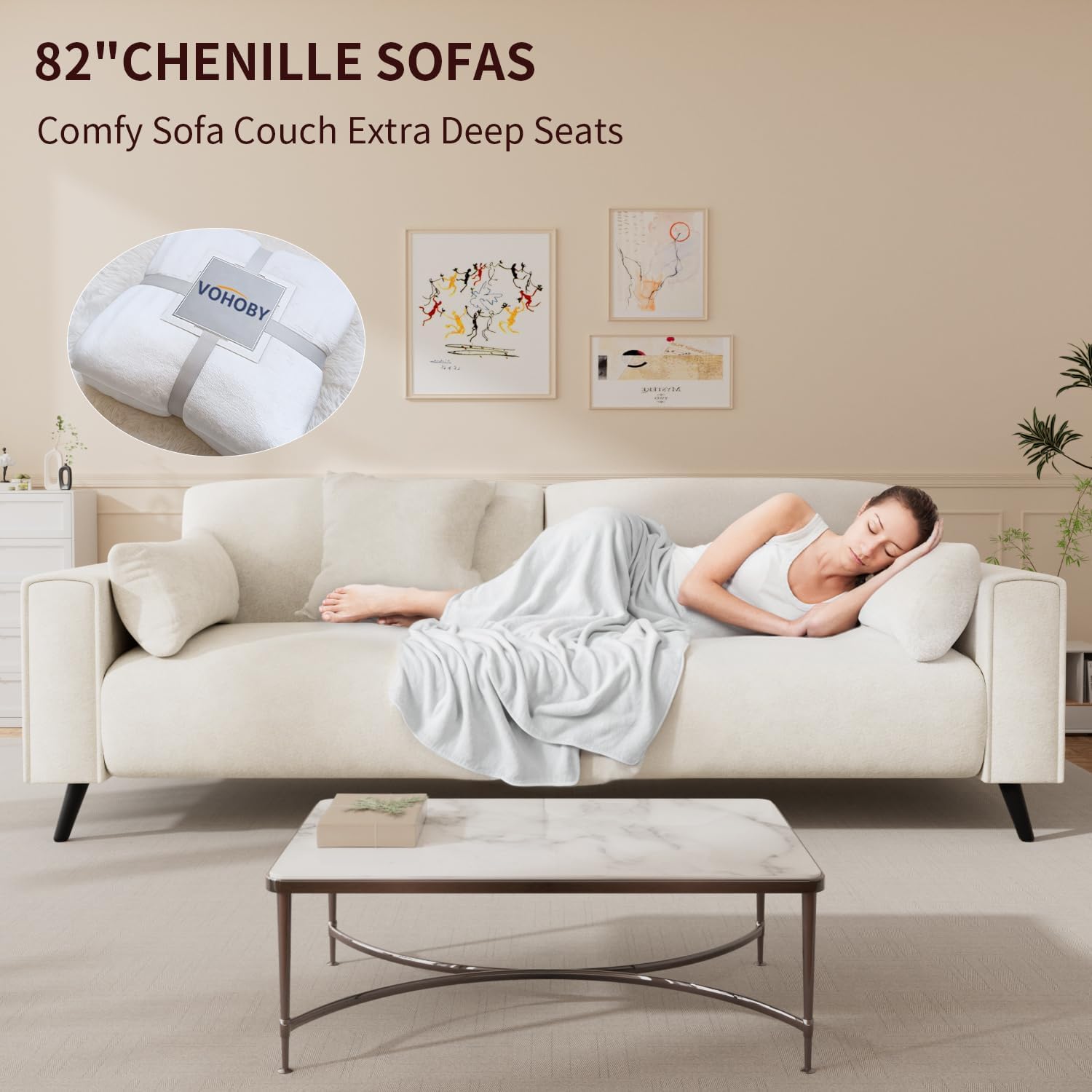 VOHOBY 82 Inch Modern Sofa Couch for Living Room with Pillows White