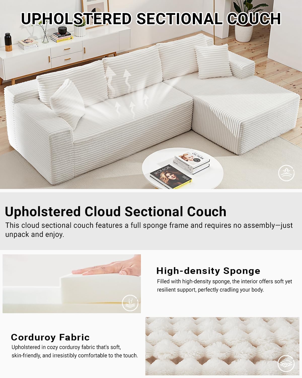 HANXIN Cloud Sectional Sofa L Shape Chaise Deep Seat Modular Living Room Couch