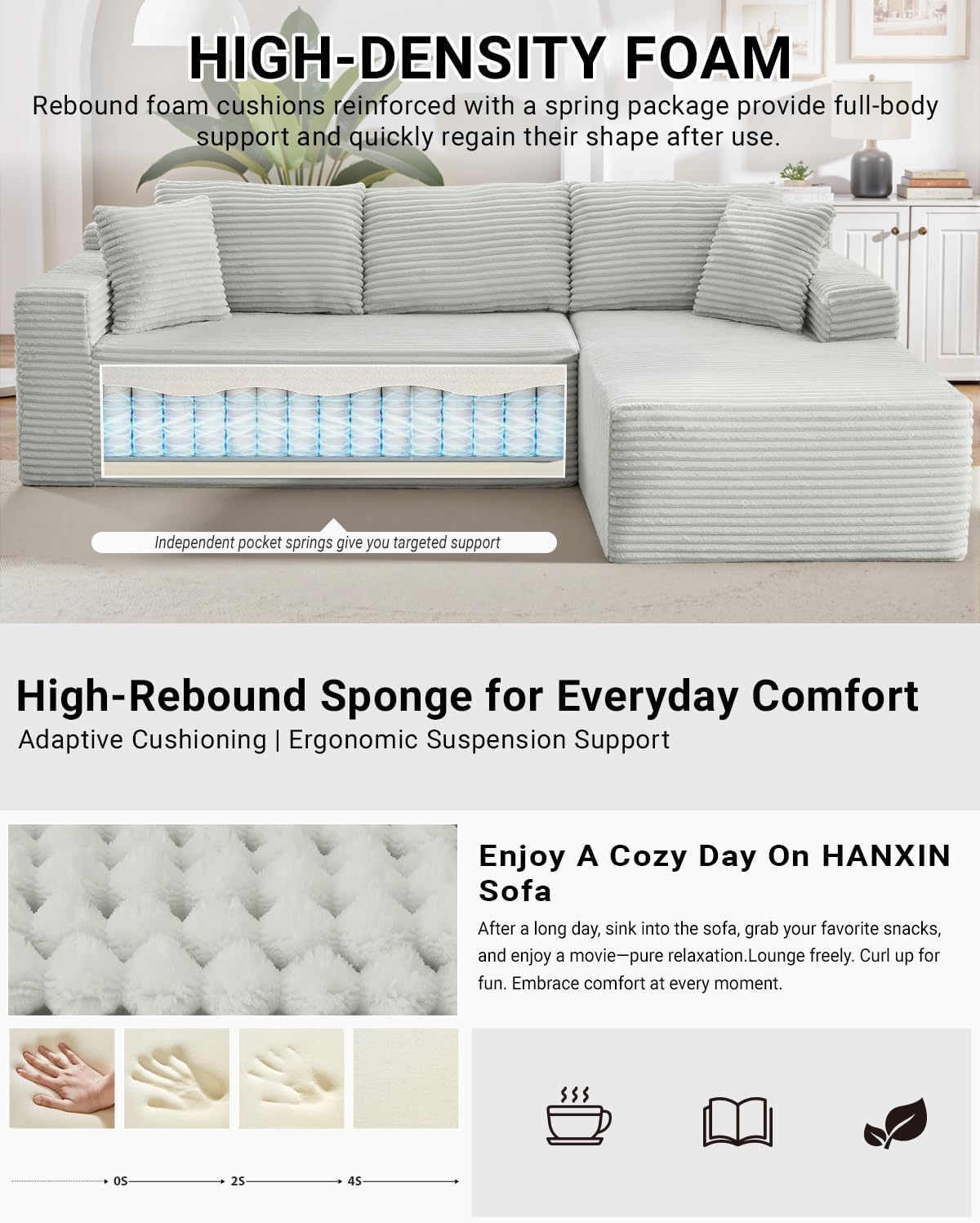 HANXIN Cloud Sectional Sofa L Shape Chaise Deep Seat Modular Living Room Couch