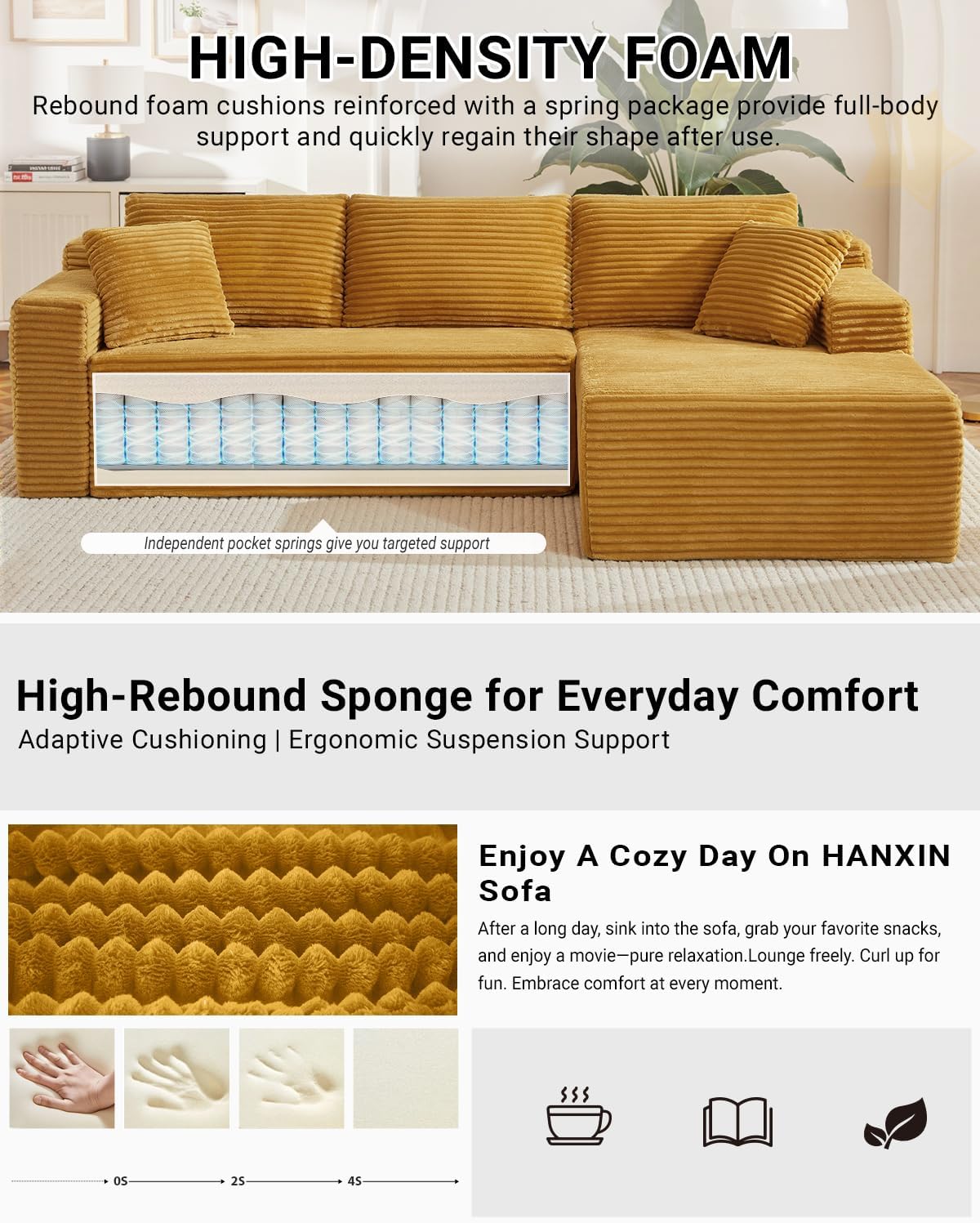 HANXIN Cloud Sectional Sofa L Shape Chaise Deep Seat Modular Living Room Couch