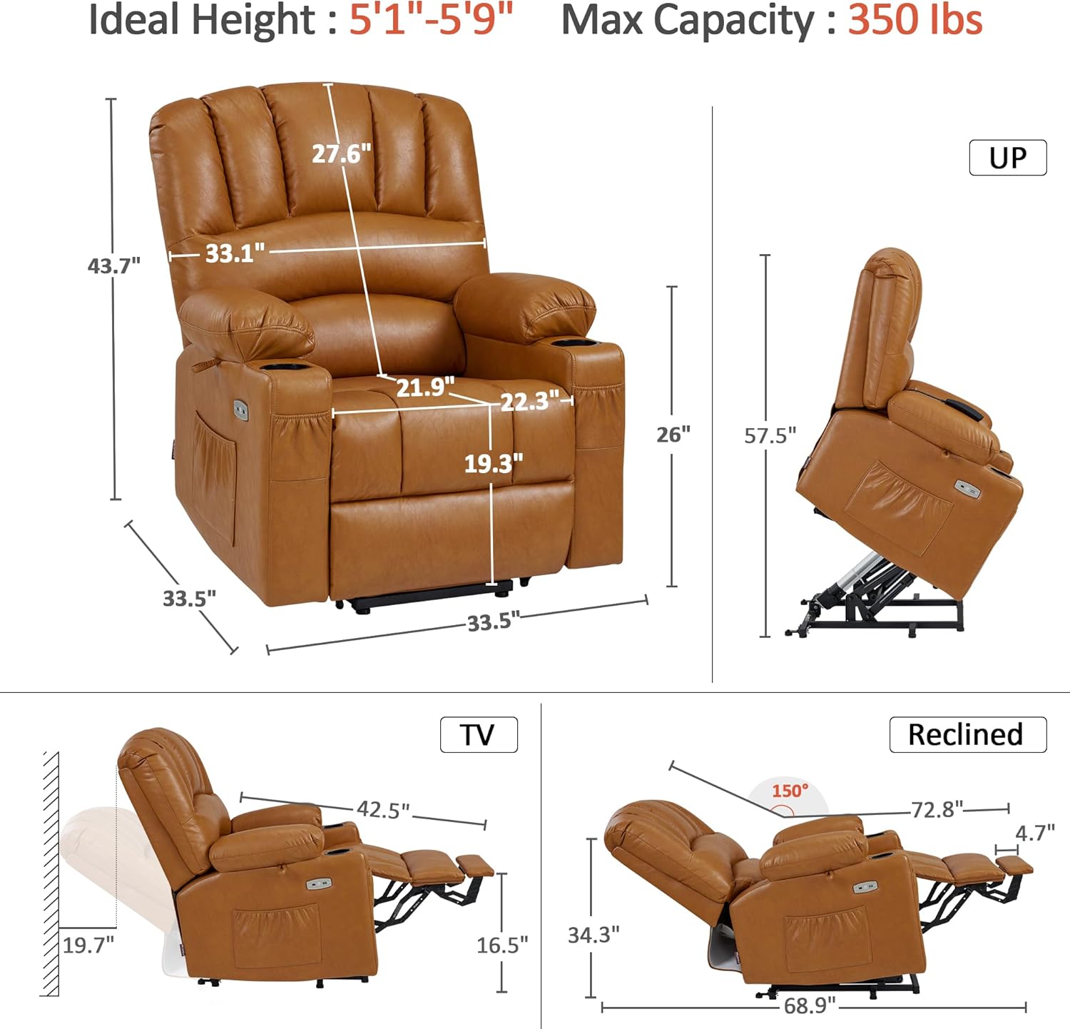 MCombo Power Lift Recliner Chair for Elderly with Heat Massage USB Cup Holders