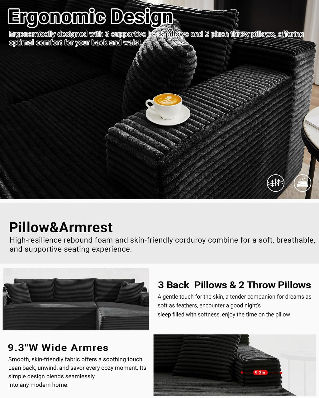 HANXIN Cloud Sectional Sofa L Shape Chaise Deep Seat Modular Living Room Couch