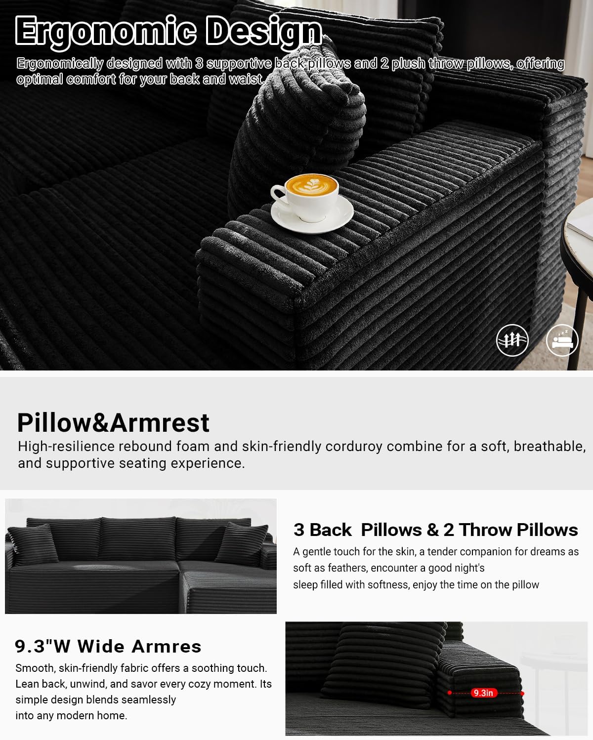 HANXIN Cloud Sectional Sofa L Shape Chaise Deep Seat Modular Living Room Couch