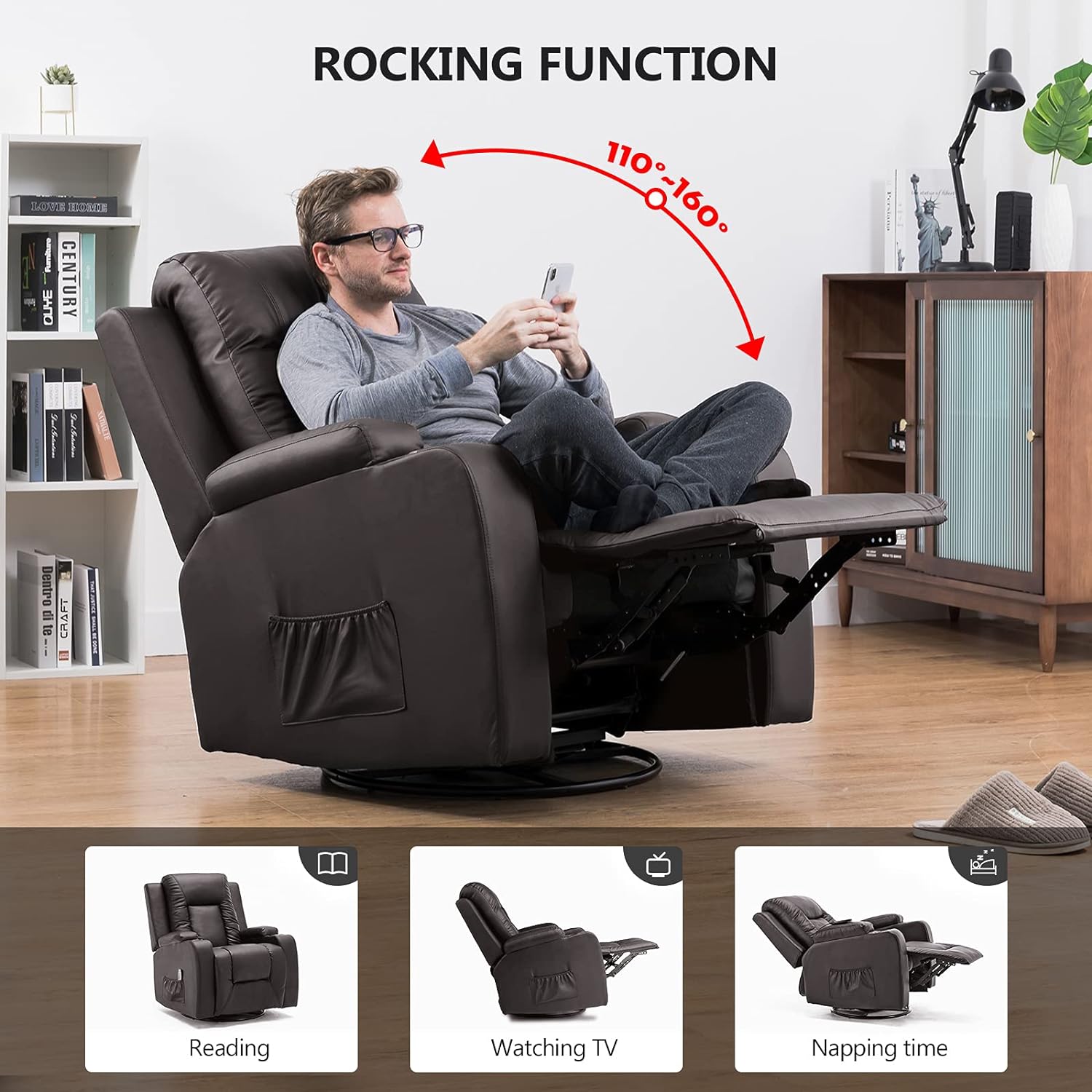 COMHOMA PU Leather Recliner Chair Heated Massage Swivel Rocker Brown