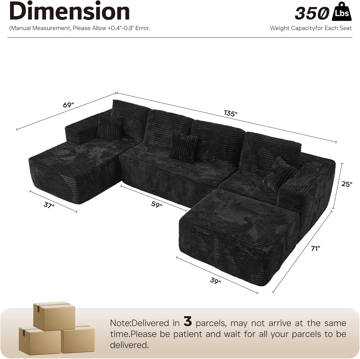 ovios Cloud Sectional Couch with L Shape Chaise Modern Modular Sofa