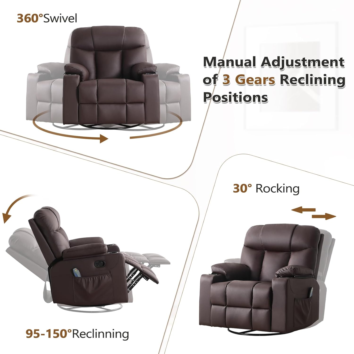 ANJ Swivel Rocker Recliner Chair Manual Fabric Small Space