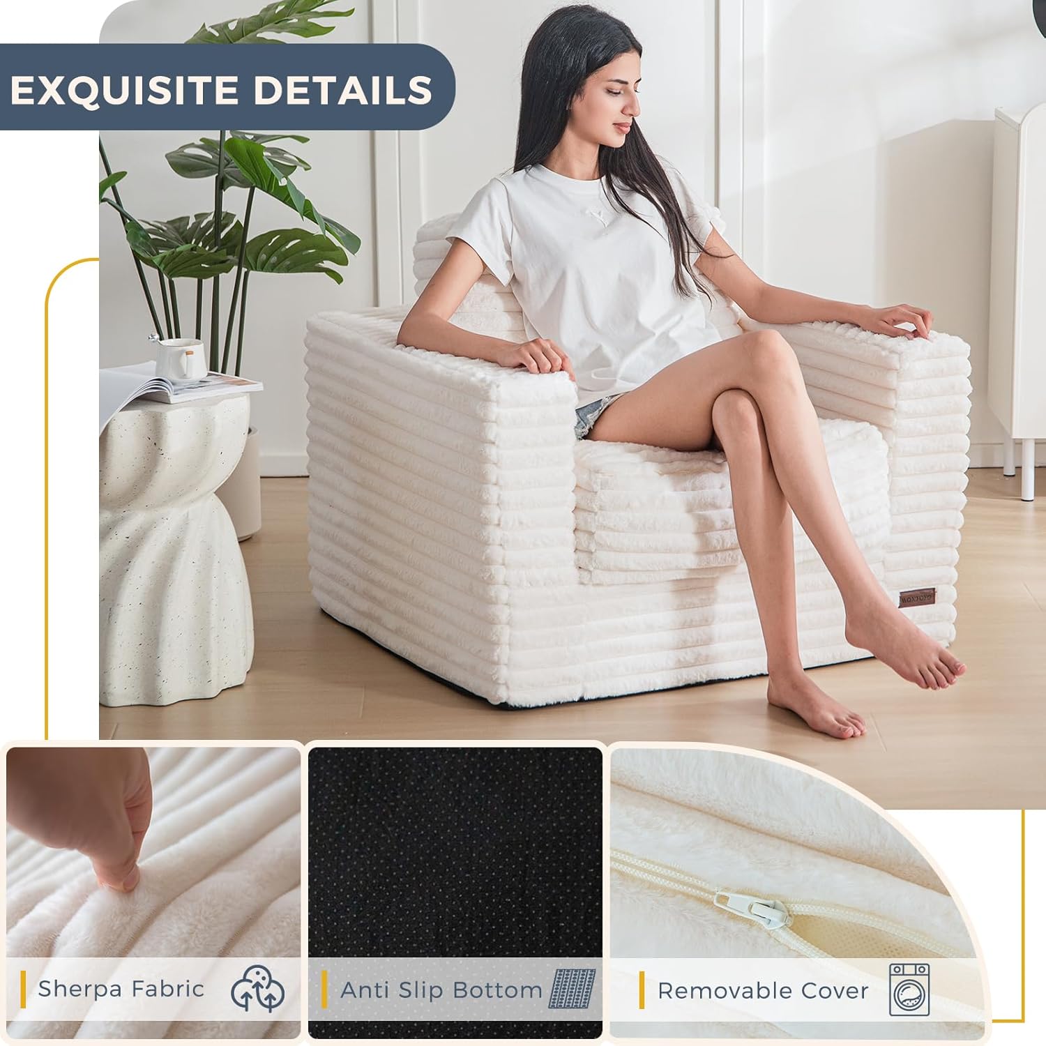 MAXYOYO Bean Bag Sofa with Armrests and Pillows Two Seat Fluffy Floor Couch