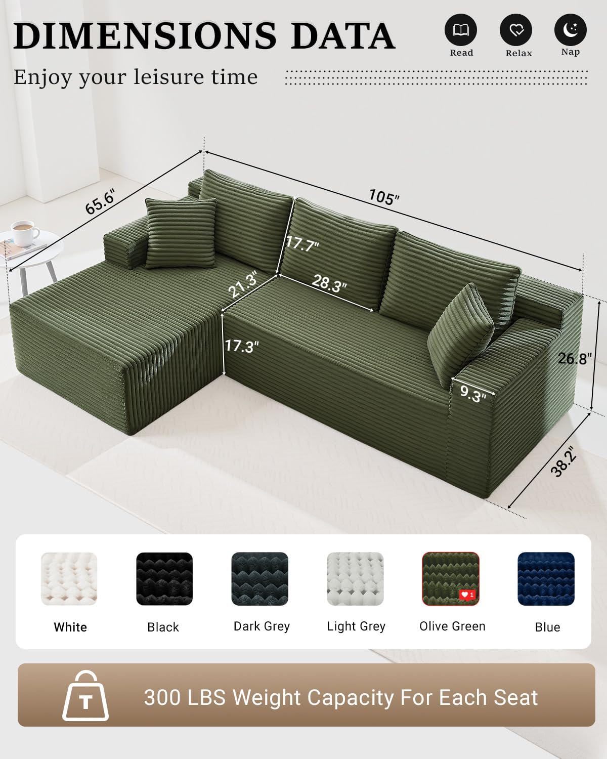 HANXIN Cloud Sectional Sofa L Shape Chaise Deep Seat Modular Living Room Couch