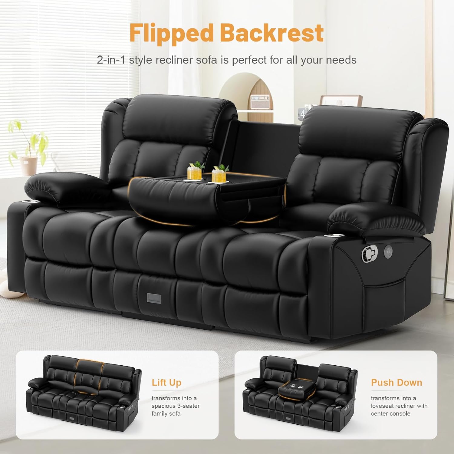 Dresegmt Loveseat Recliner Sofa 3 Seat Flip Backrest with Storage USB Cup Holders