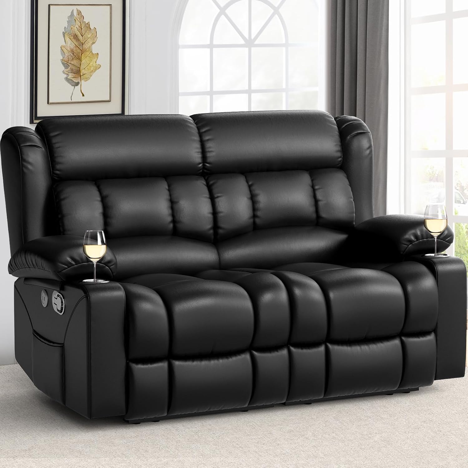 FURNIMAT 2 Seater Loveseat Recliner Sofa PU Leather with Cup Holders USB Ports