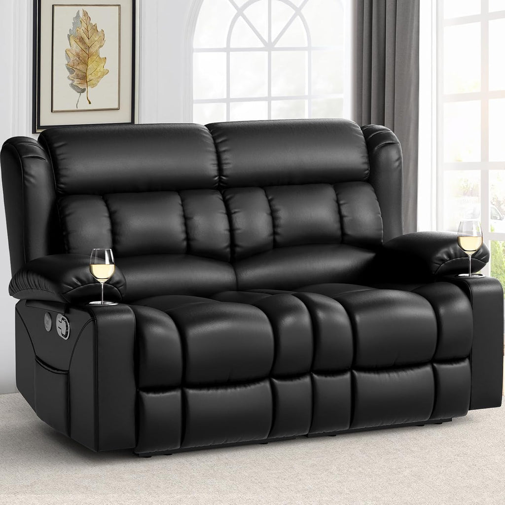 FURNIMAT Loveseat Recliner Sofa 2 Seater PU Leather Couch with USB Cup Holders