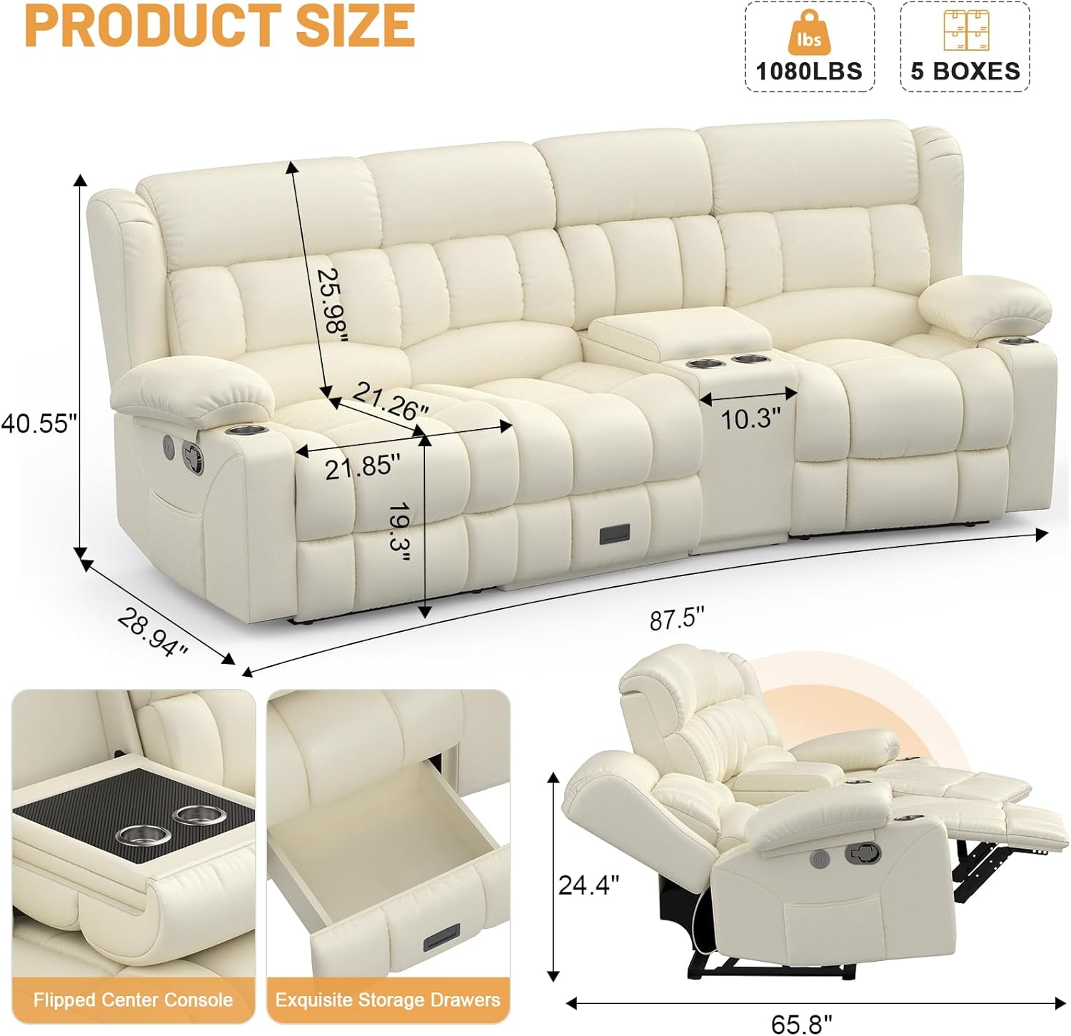 Dresegmt Loveseat Recliner Sofa 3 Seat Flip Backrest with Storage USB Cup Holders