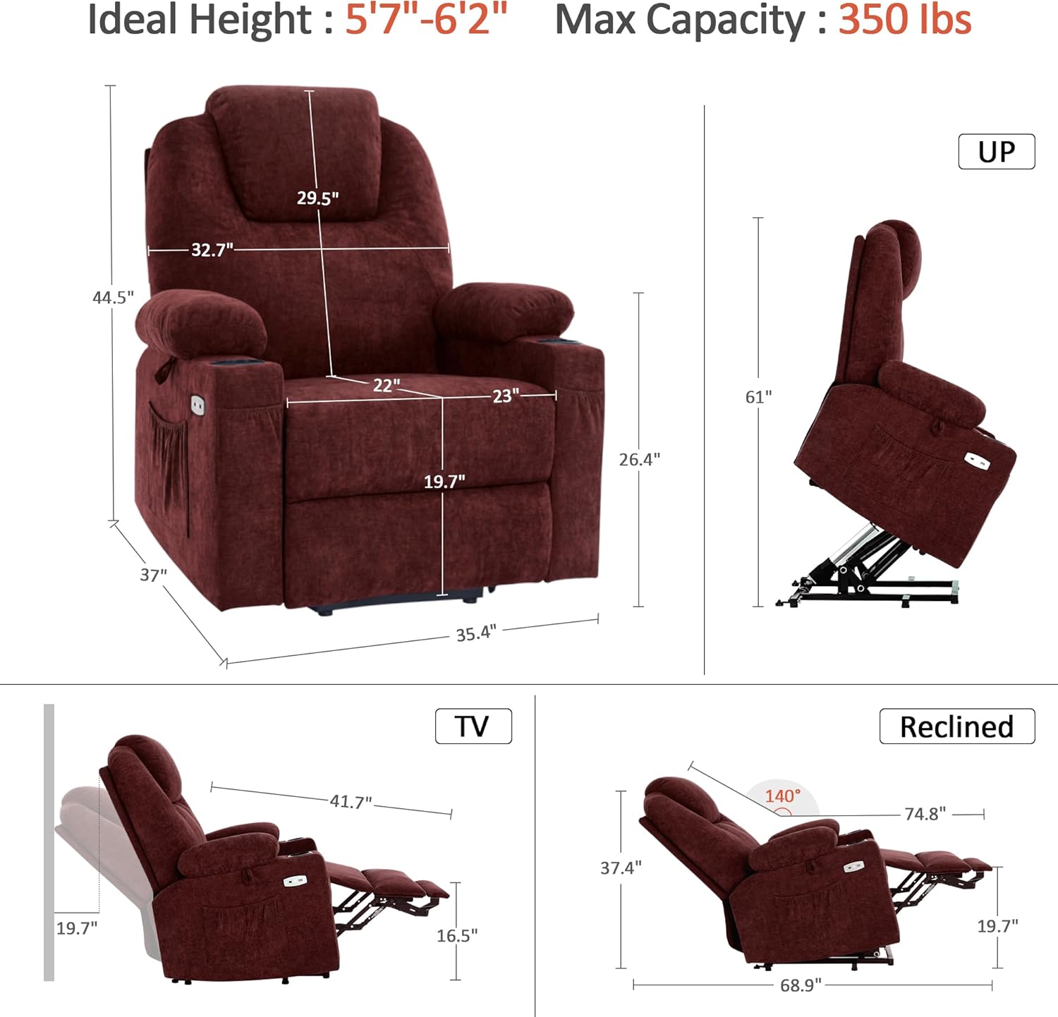 MCombo Power Lift Recliner Chair for Elderly with Heat Massage USB Cup Holders