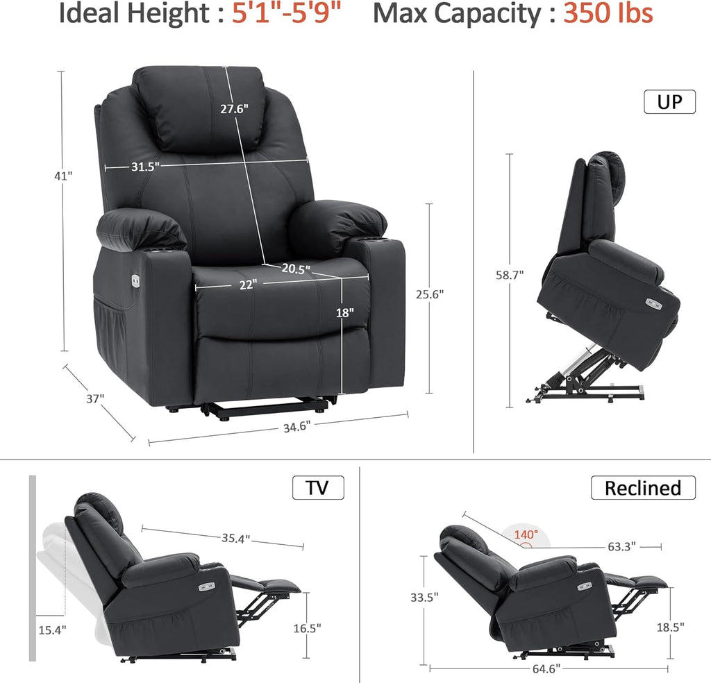 MCombo Electric Power Lift Recliner Massage Heat Chair for Elderly 3 Positions 2 Pockets USB