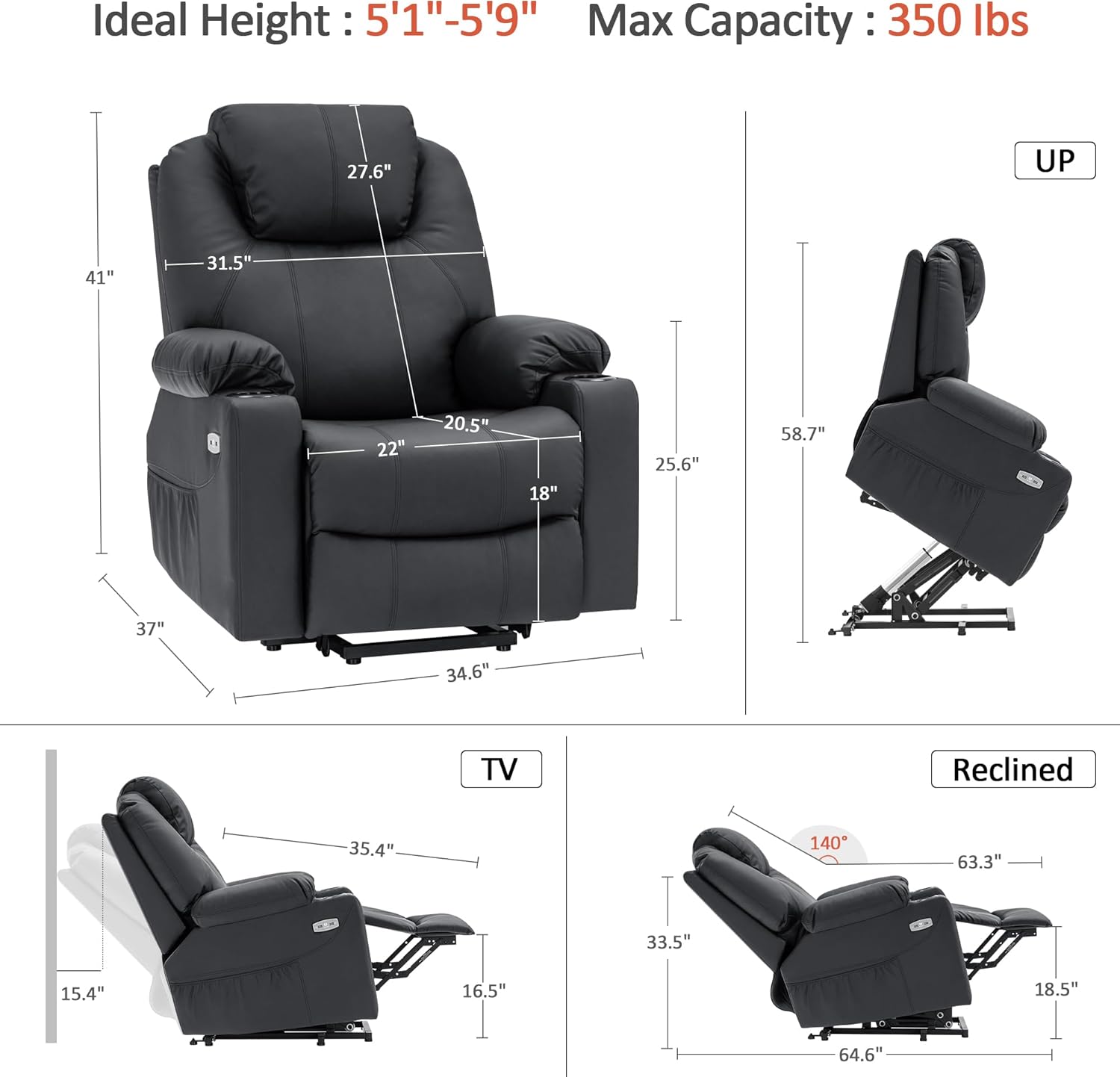 MCombo Electric Power Lift Recliner Massage Heat Chair for Elderly 3 Positions 2 Pockets USB