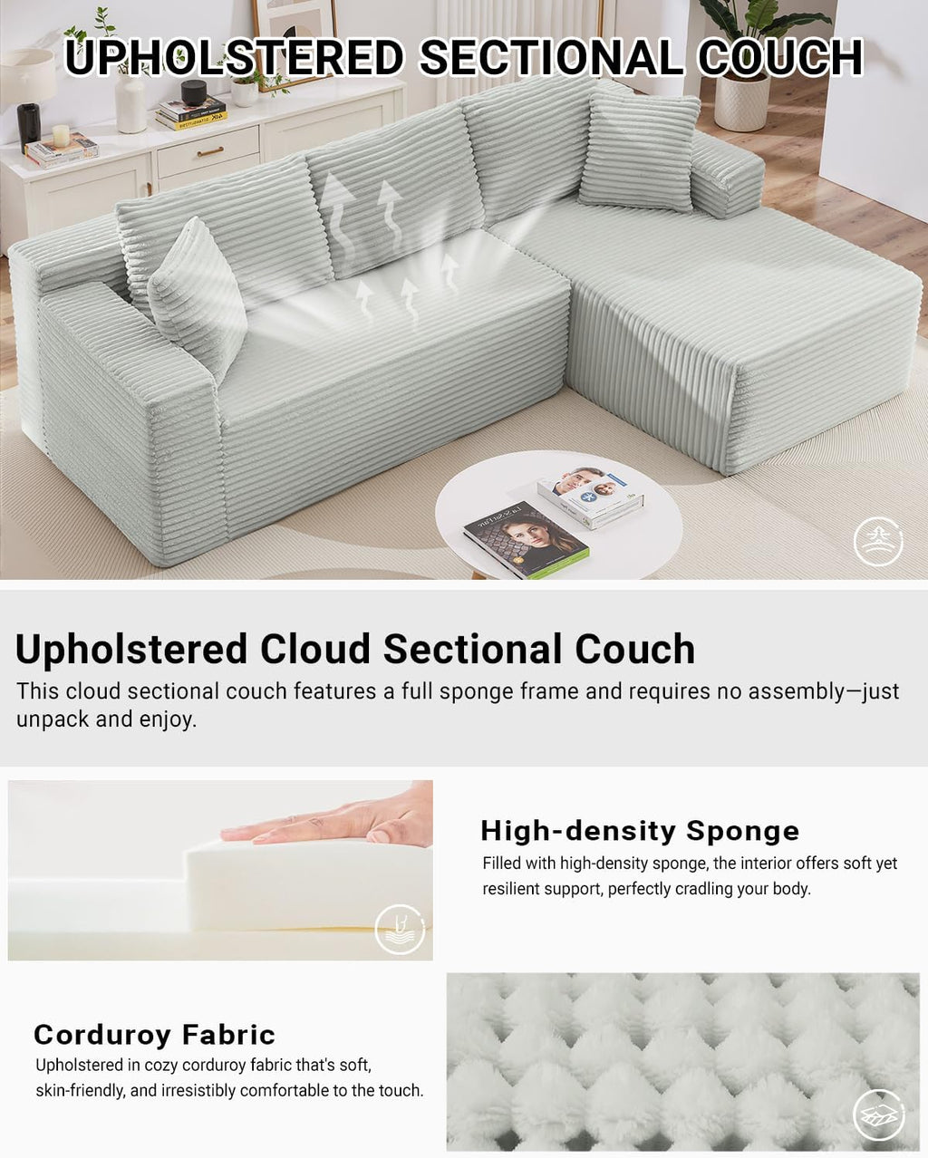 HANXIN Cloud Sectional Sofa L Shape Chaise Deep Seat Modular Living Room Couch
