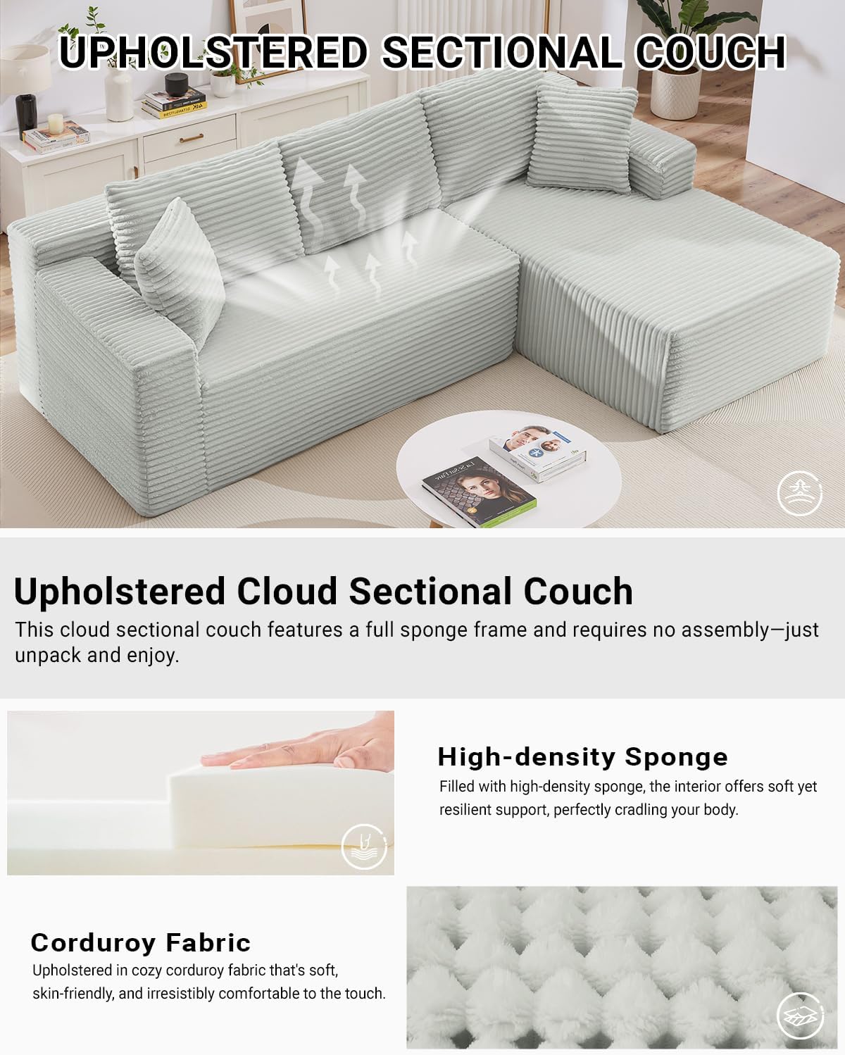 HANXIN Cloud Sectional Sofa L Shape Chaise Deep Seat Modular Living Room Couch