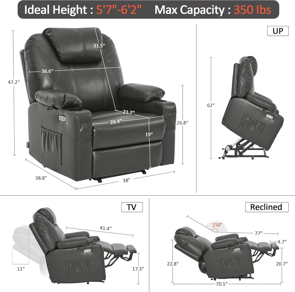 MCombo Electric Power Lift Recliner Massage Heat Chair for Elderly 3 Positions 2 Pockets USB